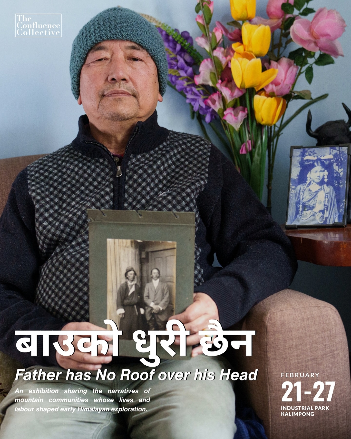 Pintsho Wangdi holds a page from a photo album containing a portrait of his grandfather, Chheten Wangdi (from left: Gyaltsen Kazi and Chheten Wangdi).
More than 100 years after the 1921 Mount Everest Expedition, Chheten Wangdi’s family were finally able to recognise their grandfather in a photo album that had been in their possession for over a century yet contained no mention of him.
Chheten Wangdi along with Gyaltsen Kazi who took part in the expedition as an interpreter, the first Everest expedition of its kind and the only one Chheten was involved in. The album bears an inscription: “Presented at the request of Colonel Howard Bury to Chheten Wangdi, Mount Everest Expedition 1921 – Francis Younghusband, Chairman, British Everest Committee.”
With the support of the Wiley Digital Archives and the @rgs_ibg Royal Geographical Society (with IBG), the images were traced and contextual information uncovered material that had long remained inaccessible to the family.
This discovery became a deeply personal moment. Finally recognising their ancestor transformed the way the family moved through and understood the album: what had once been a collection of unnamed images became a living family history.
The project demonstrates how archival materials, often held far from the communities they represent, can take on renewed meaning when reconnected with local people offering not only regional knowledge, but moments of intimacy, recognition, and long-overdue acknowledgment.
बाउको धुरी छैन
Father Has No Roof Over His Head
Come witness stories of recognition, loss, and return—where forgotten lives from early high-altitude Himalayan exploration are brought back into view.
For the first time in Kalimpong, we present photographs from early Himalayan expeditions alongside deeply personal histories uncovered through archives and family memory. Images once held far away and unnamed now speak directly to the people and places they came from.
21–27 February 2026
Kalimpong
Join us as we share these stories and many more for the first time.