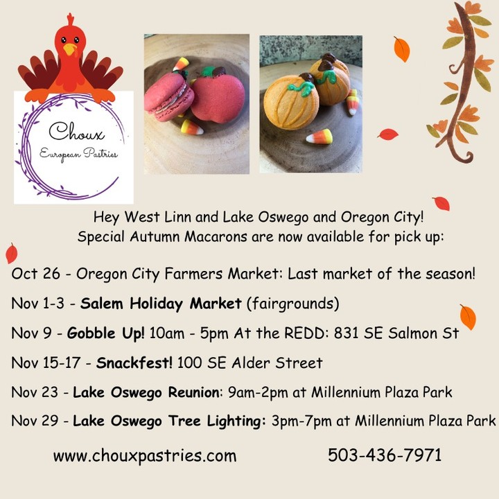 Special fall Macarons just for you! Pick up at the following events or call directly for a special order! #oregoncityfarmersmarket #lakeoswegooregon #lakeoswego#cityoflakeoswego##snackfest #gobbleupnorthwest#cityofsalem #cityofwestlinn #williamettevalley #macarons #thanksgivingdesserts #glutenfreedessert