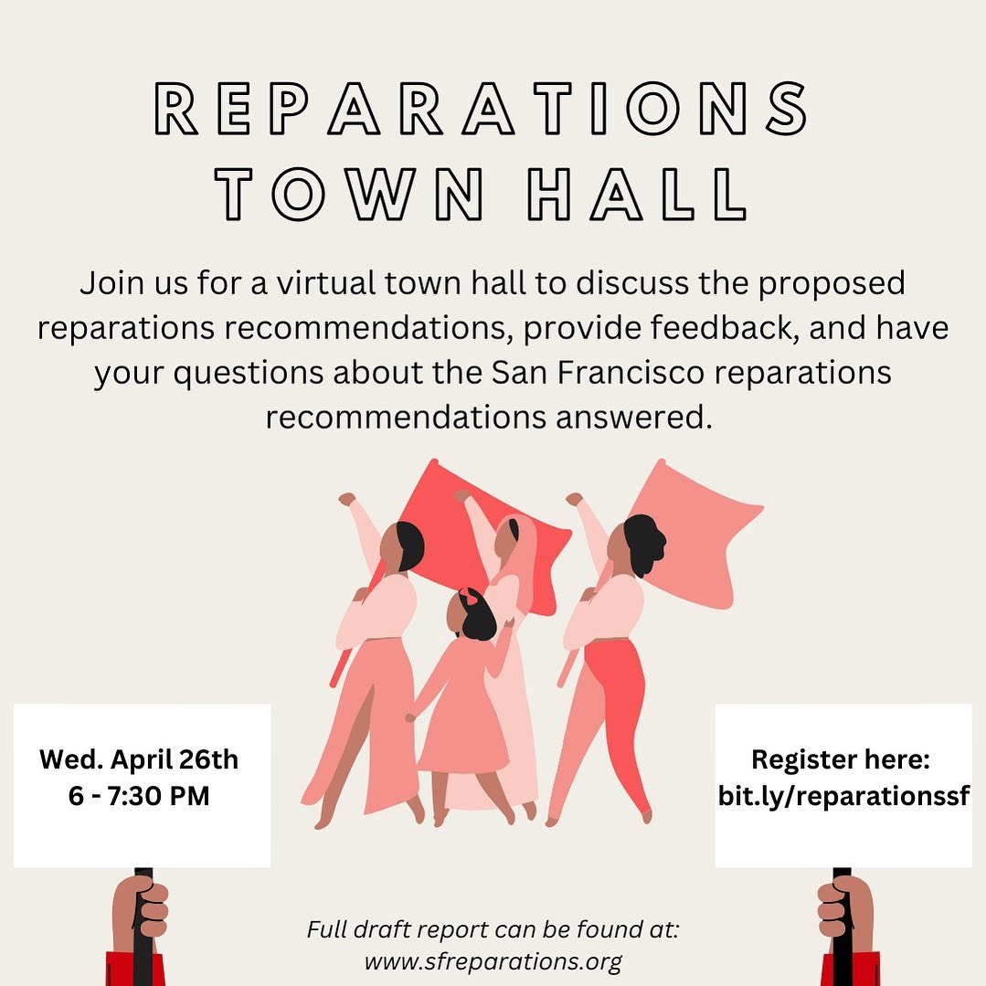 Join the San Francisco and San Francisco-Peninsula chapters as we discuss the proposed reparations recommendations with the San Francisco African American Reparations Advisory Committee. You won’t want to miss this! Link in bio