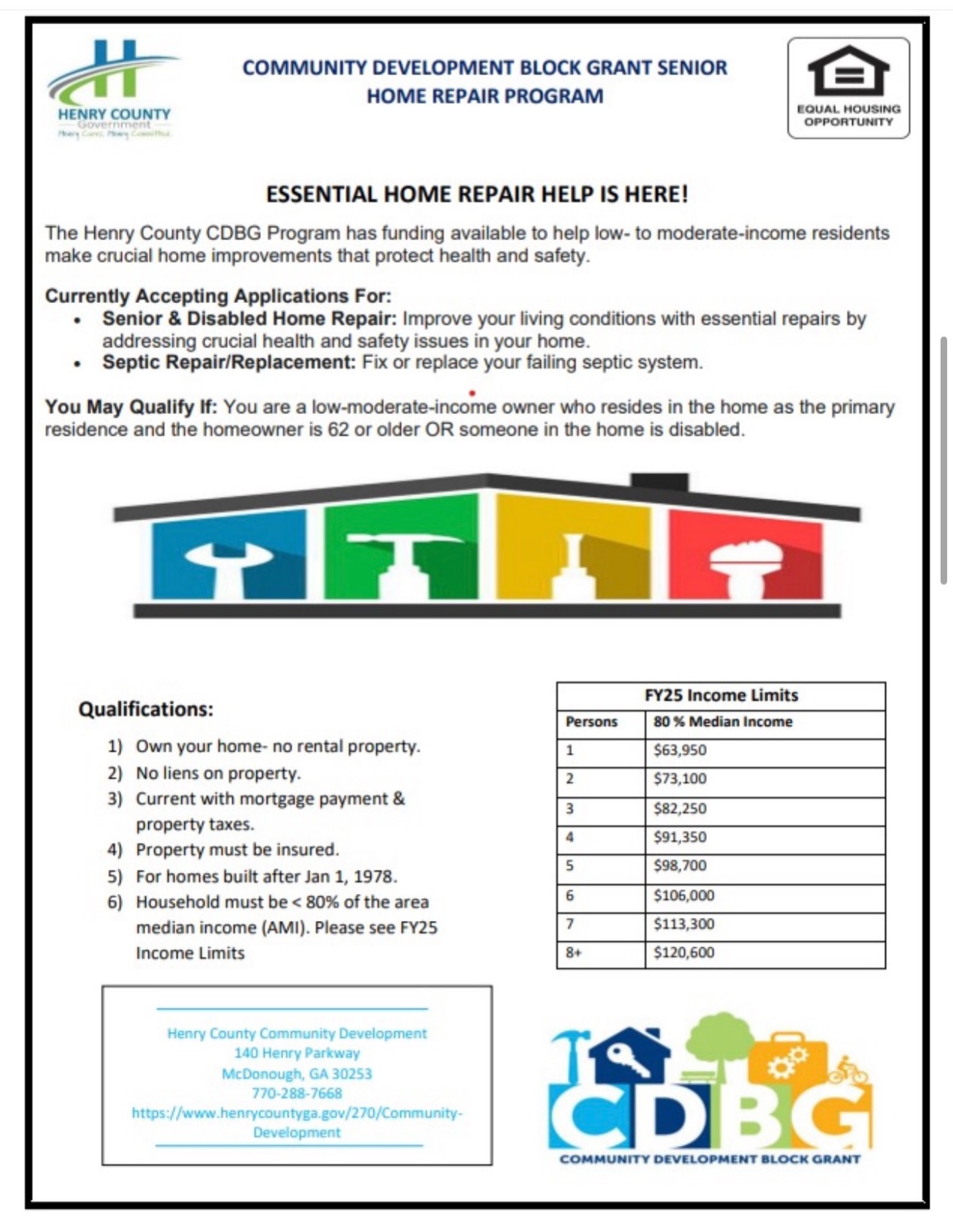 🚨 Senior & Disabled Homeowners: Help Is Available in Henry County 🚨
Henry County is currently accepting applications for its Community Development Block Grant (CDBG) programs, offering home repair assistance for seniors and disabled residents—including septic repair or replacement.
These programs are designed to support eligible low-to-moderate income homeowners by addressing critical home needs that promote safety, health, and long-term stability.
To learn more or apply, call 770-288-7668 or visit www.henrycountyga.gov/270/community-development.