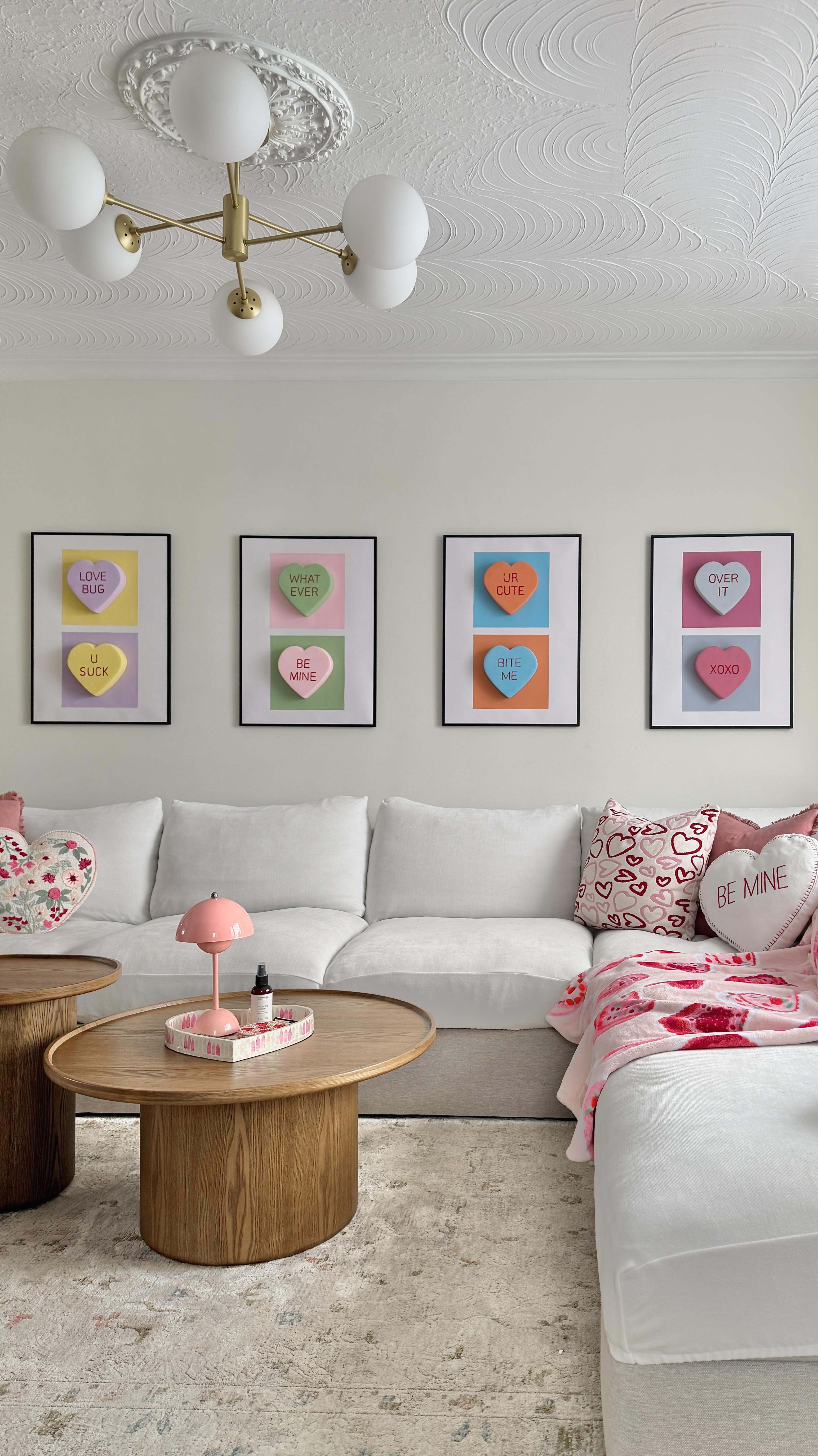 who knew adding a few squares to these candy hearts would turn them into actual art 🤌🏻✨
#diydecor #valentinesart #valentinesdiy #candyhearts #valentinesideas
conversation hearts, living room decor, valentine wall decor, valentines home decor, diy hearts