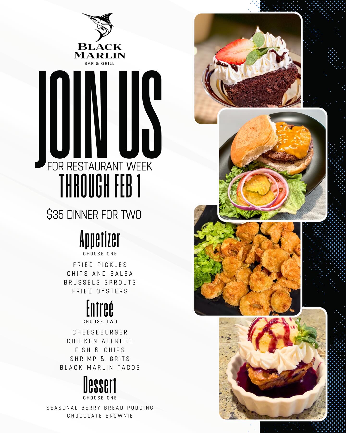 Restaurant Week is almost over! This is your last weekend to enjoy our $35 dinner for two. Grab your table and come dine with us!
BlackMarlinPA.com