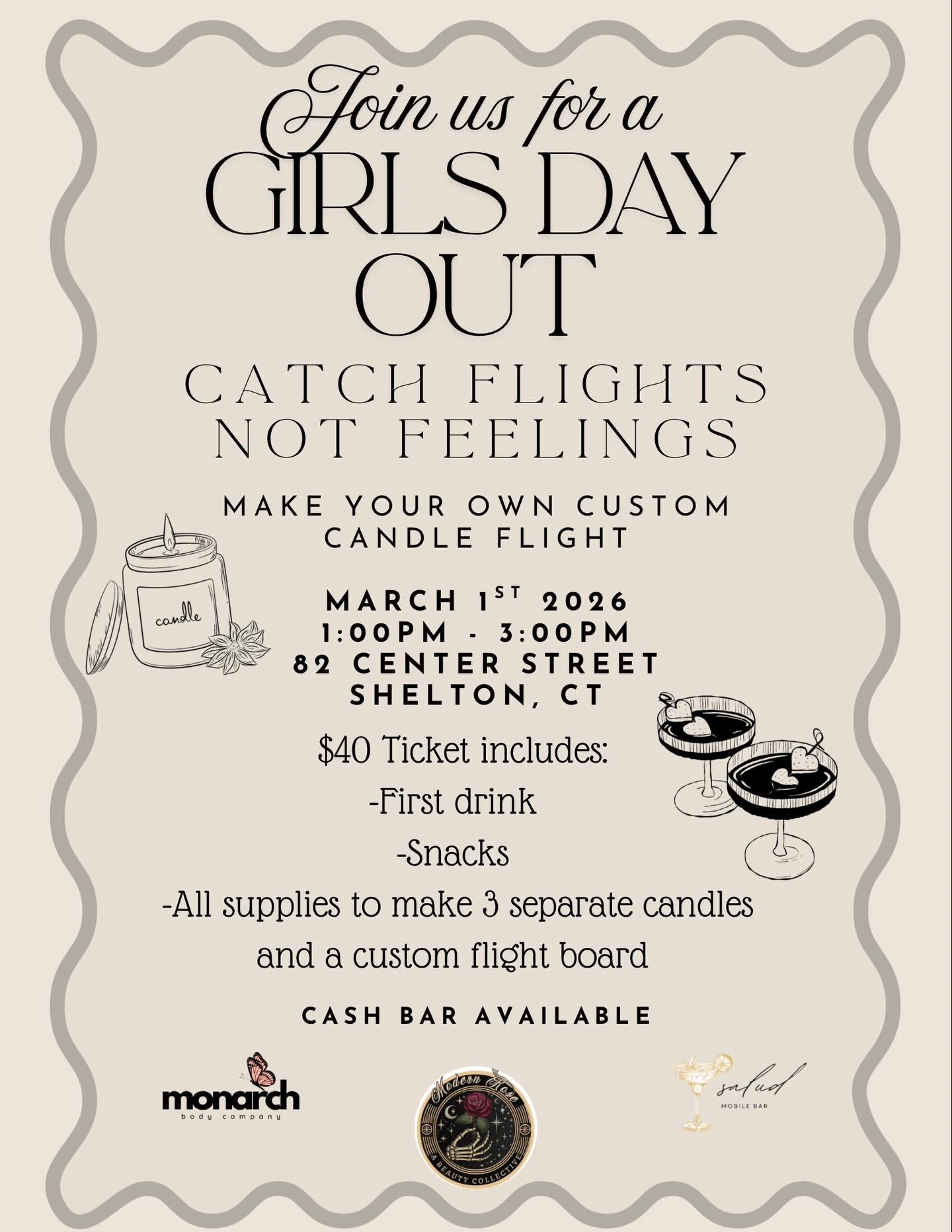 Sip, snack, and create with us on March 1st | 1–3 PM!
Design 3 custom-scented candles and paint your own flight board to take home.
🎟️ $40 ticket includes:
• All supplies to create 3 Soy Wax candles with Lindsay from Monarch Body Co.
• Paint and brushes to customize your own flight board
• First drink from Salud Mobile Pop-Up Bar
• Snacks
Grab your girls, get creative, and vibe with us. 💕
Cash bar available.
✨ Limited spots — don’t miss it! ✨
⬇️ Click the link below to purchase tickets! ⬇️
https://www.vagaro.com/cl/YnNmbOJ5Lj7QI~EKlHnTh~~nMsSuoz3t6gUkojOD6Ag=?fbclid=IwRlRTSAPot8BleHRuA2FlbQIxMABzcnRjBmFwcF9pZAo2NjI4NTY4Mzc5AAEeg_cEqKBBNux0RyyPlhTEUm4e4Oa04QNDiqZ47XY83tqfCqyBkcPmjwrLpNY_aem_GP1wgFr-q4tqZJFoz1XvlA