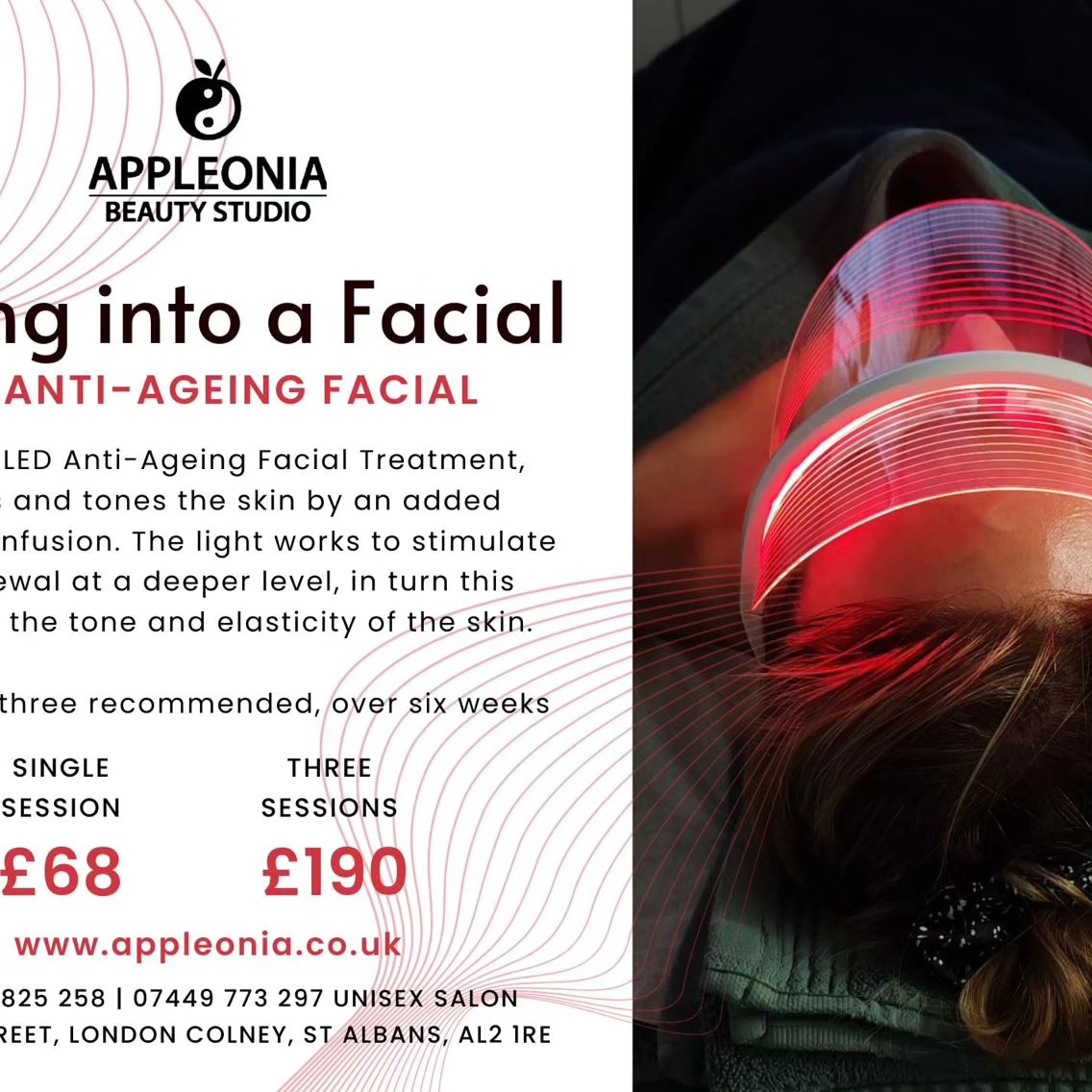 New LED Facial for the Spring.
The light penetrates deep into the skin, stimulating the collagen and elastin fibres. Helping to restore the skins elasticity. This cell renewal action, builds quality skin cells, therefore smoothing the appearance of skin.
1hr session £68
3 sessions recommended inside six weeks £190
#antiaging #wrinkletreatmemt #localsalon #LEDfacial #skinrejuvenation
