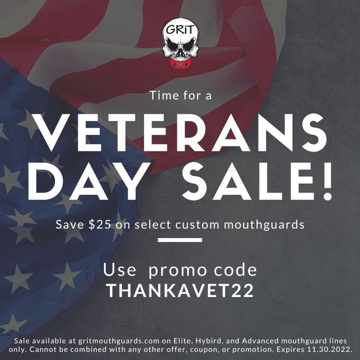 In honor of Veterans Day, we're offering a $25 discount on our Elite, Hybrid, and Advanced custom mouthguards. Use promo code THANKAVET25 at www.gritmouthguards.com.
To our men and women in uniform, past, present, and future, God bless you and Thank You!
http://wix.to/txoI7dS
#veteransday #veteransday22 #thankavet #thankavet22 #gritmouthguards #mouthguards #coupons #promocode