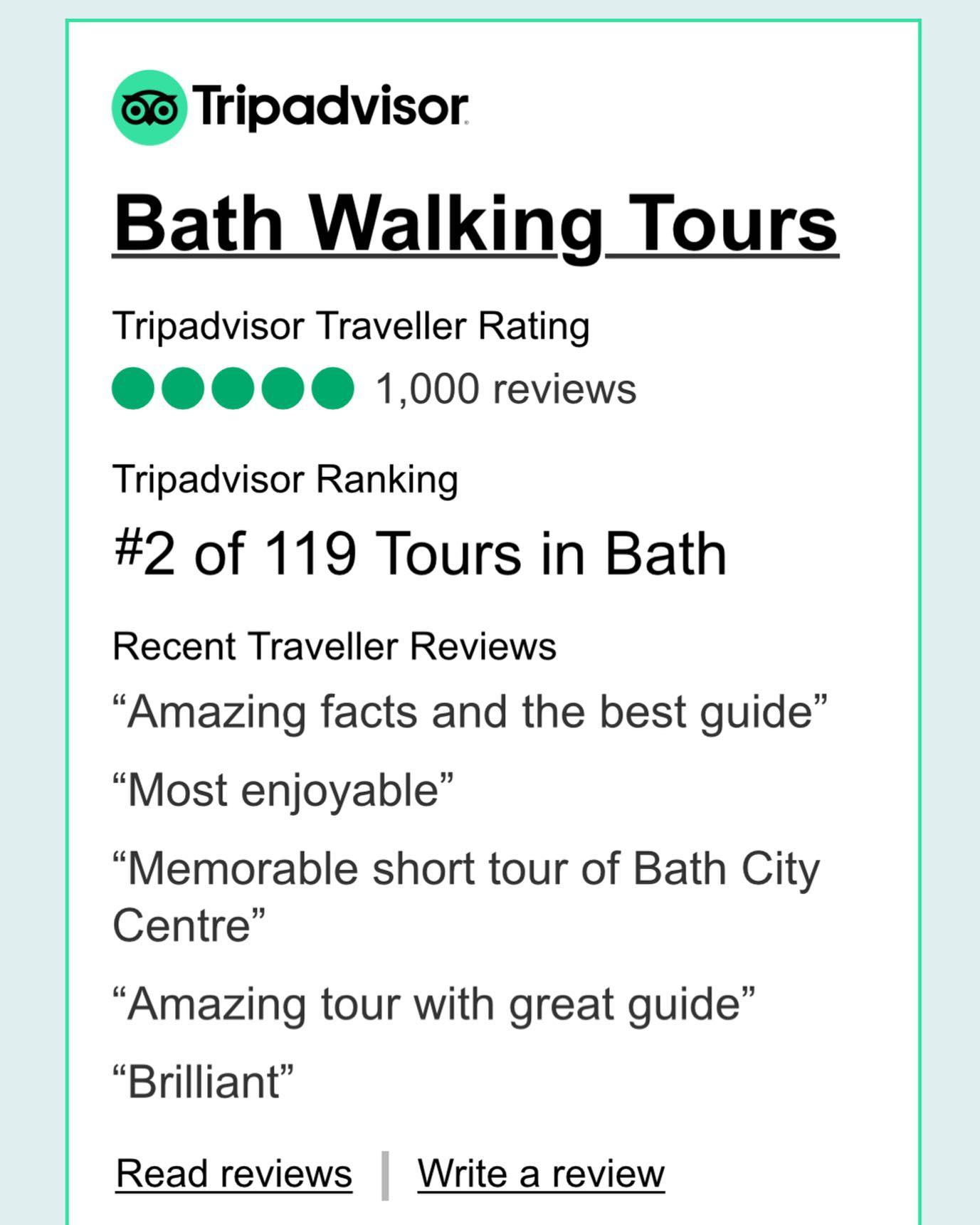 We are delighted to have reached the amazing milestone of 1,000 reviews on TripAdvisor. This coupled with TripAdvisor the 2022 Best of the Best award makes us so proud of our guides and the quality of their tours. Massive thank you to them and to our fantastic visitors. #visitbath #bbguides