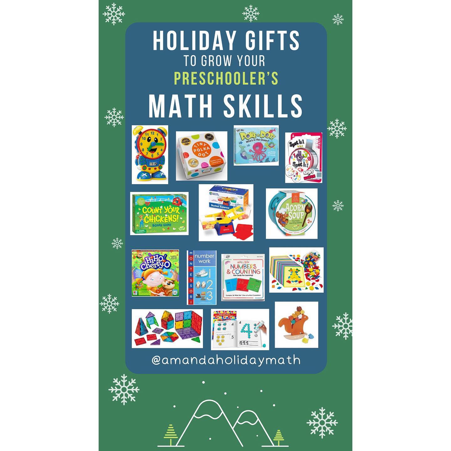 🎁 Preschool Math Game Gift Guide 🎁
I love finding ways to play games and have fun with my kids while sneaking ways to engage their brains in mathematical concepts! With Black Friday here and the holidays coming up, I figured I’d share some of my favorite toys, games, and activities you could gift to your child this year that will build their math skills!
First up, some of my Preschool favorites:
1. Telling Time Teaching Clock
2. Tiny Polka Dot game
3. Melissa and Doug Poke-A-Dot counting book
4. Spot It 1-2-3
5. Count Your Chickens game
6. Bucket Balance
7. Acorn Soup game
8. Hi Ho Cherry-O game
9. Montessori Number Work book (with sandpaper numbers to practice tracing numerals)
10. Wiki Sticks and Wiki Sticks Numbers and Counting activity cards
11. Lakeshore Learning Pattern Blocks and Activity Cards
12. Magna Tiles
13. Do A Dot paint markers and Number Activity book
14. Janod Nutty Balance game
#preschoolactivities #preschoolmath #giftideasforkids #giftguide #blackfriday #blackfridaysale #blackfriday2022 #holidaygiftguide