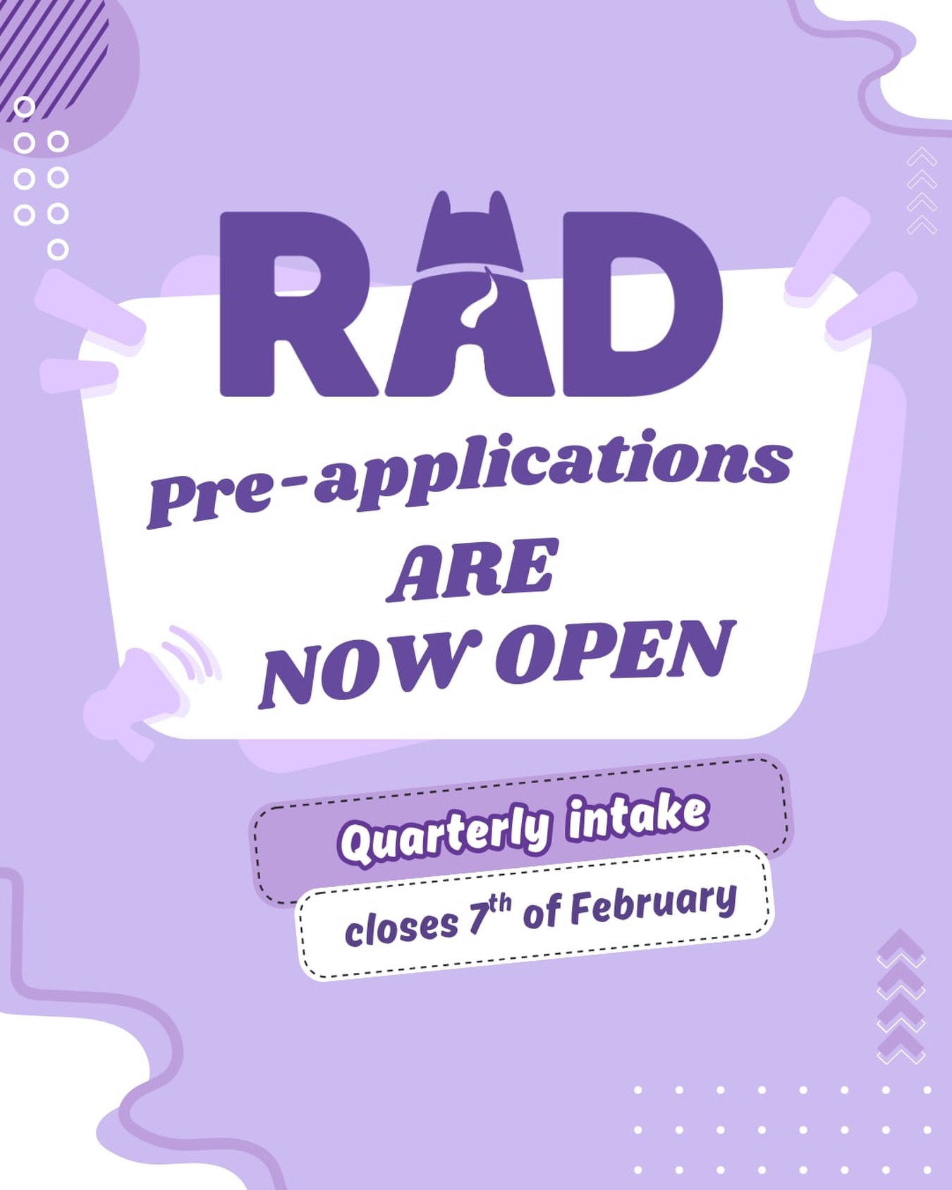 ✨ RAD Pre-Applications Are OPEN! ✨
Our next intake is now live and will close on 7th February 🐕🦺
📩 Emails with the pre-application link have already been sent to everyone on our waitlist.
Not on the waitlist yet? There’s still time — join now and we’ll send the pre-application your way!
We can’t wait to learn more about you and your dogs 💜