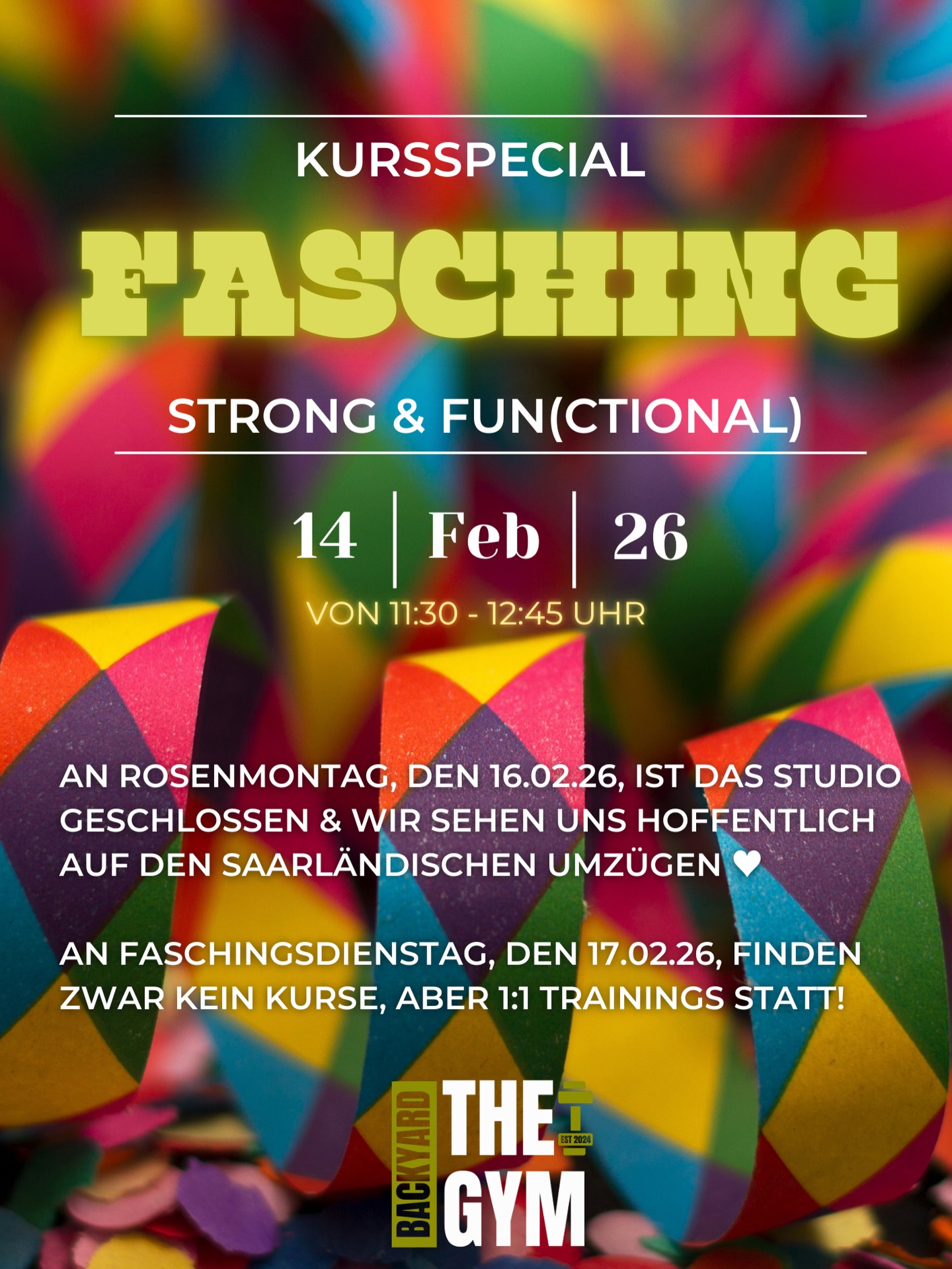 🎭 KURSSPECIAL | 14.02.26
Am Faschingssamstag erwartet euch eine etwas andere Variante unseres gewohnten Strong & Fun(ctional) Kurses 🤭 Wer also vor, nach oder zwischen den Faschingstagen sportlich aktiv bleiben möchte – ich hab da was für euch 😌💪🏼
Bitte beachtet außerdem:
• Rosenmontag bleibt das Studio geschlossen
• Faschingsdienstag finden ausschließlich 1:1 Trainings statt
Ich wünsche euch eine fröhliche Faschingswoche, genießt die Zeit, lasst es euch gut gehen –
und kommt danach wieder fit & motiviert zurück zu unserem gemeinsamen Training 🥳💜
#fasching#kursspecial#functionalfitnesstraining#thebackyardgymsaar#saarland