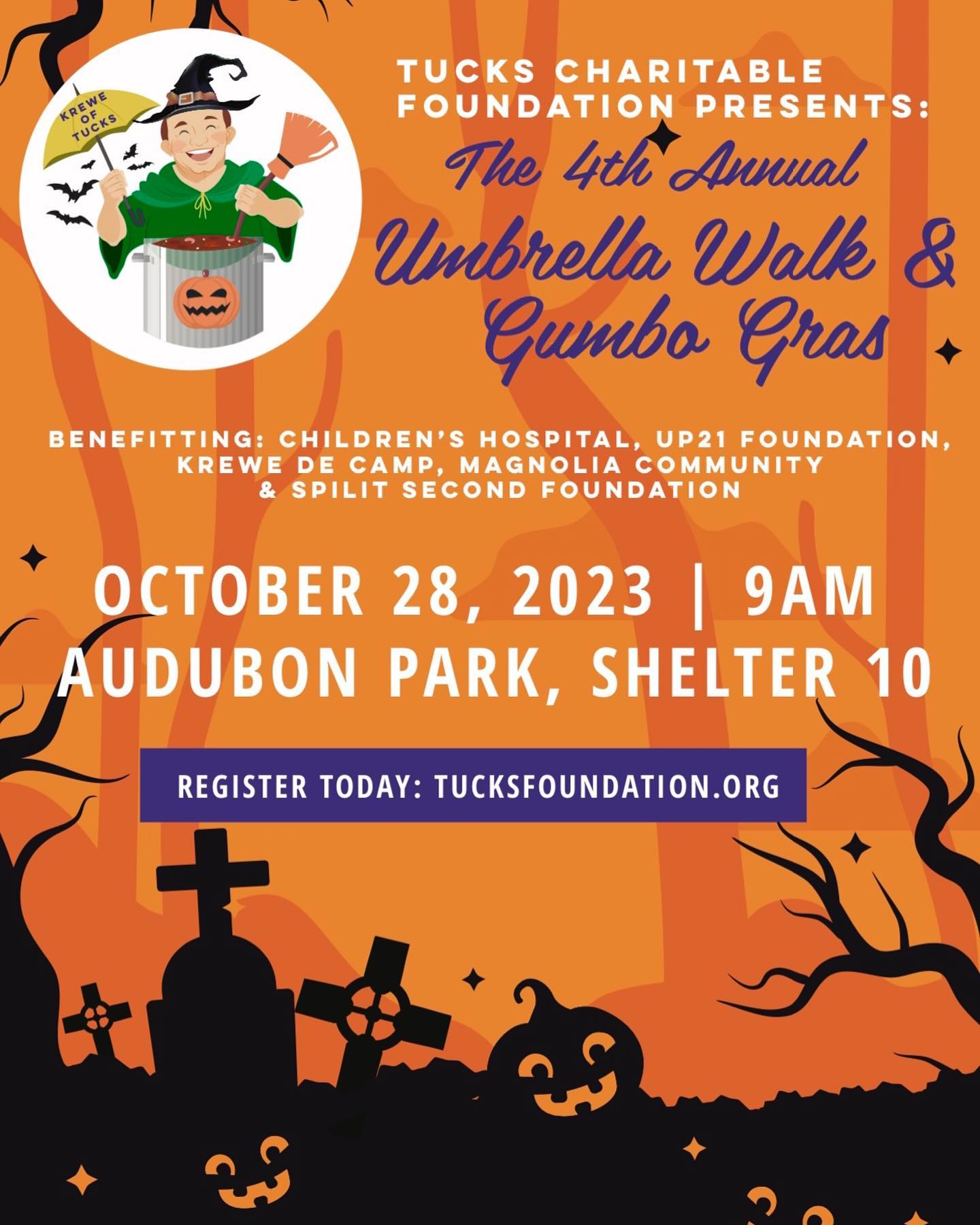 🎃🎭🎃🎭
October 28, 2023 is the 4th Annual Umbrella Walk & Gumbo Gras!
.
.
👻“Where Halloween Meets Mardi Gras”!🎭
.
.
🥣Gumbo Competition
☂️Second Line Umbrellas with Admission
🎶Live Music
🎟️Raffle & Silent Auction
🎃 Halloween Fun House
& So Much More!
.
.
⚜️Come celebrate with us ! Family friendly and so much fun!
⚜️Doors open at 9 AM! Walk starts at 11 AM!
⚜️Don’t miss out. Come one. Come all!
.
.
🤩Gumbo Competition Judges: @markraymondjr & @alexx_robinson
.
.
❤️Proceeds Benefit ❤️
@splitsecondfoundation
@krewedecamp
@mcs_nola
@childrenshospitalnola
@up21foundation
.
.
📲Get tickets, donate, sponsor, volunteer and learn more at the link in our bio!!