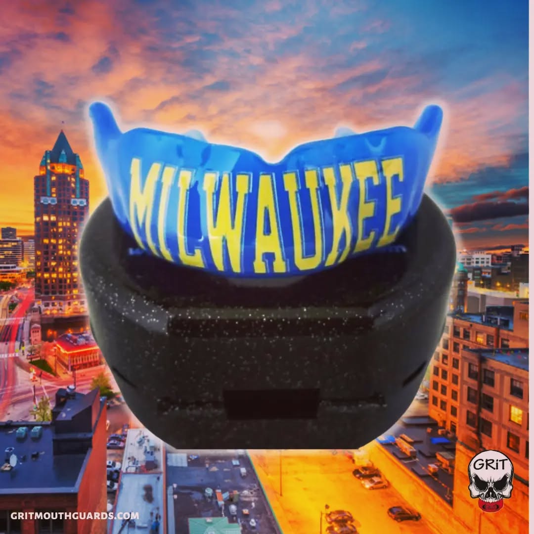 Milwaukee custom mouthguard, originally designed for Anthony "Showtime" Pettis. Solid blue mouthguard with MILWAUKEE written across the front in yellow block letters. www.gritmouthguards.com #anthonypettis #gritmouthguards #mouthguard #milwaukee #wisconsin