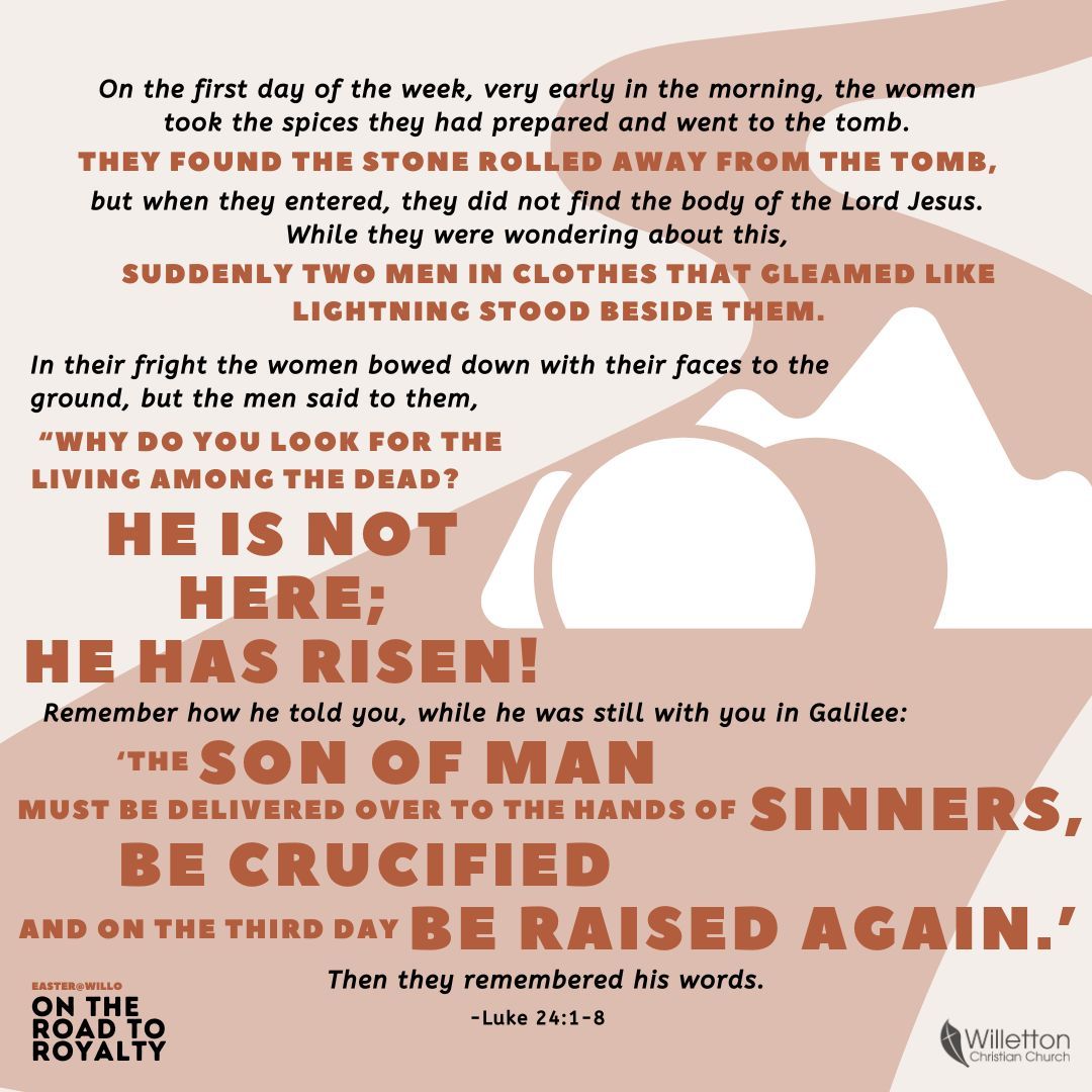 The death of Jesus, was not the end of the story - praise God! For Jesus to fully conquer death, he had to be raised to life again. And he was!
Resurrection Sunday is another stop on this road to royalty and as the risen Jesus revealed himself we see how through his death and resurrection we have been adopted to the Father, find peace in Jesus and are richly blessed.
Hallelujah for that old rugged cross and the empty tomb!!