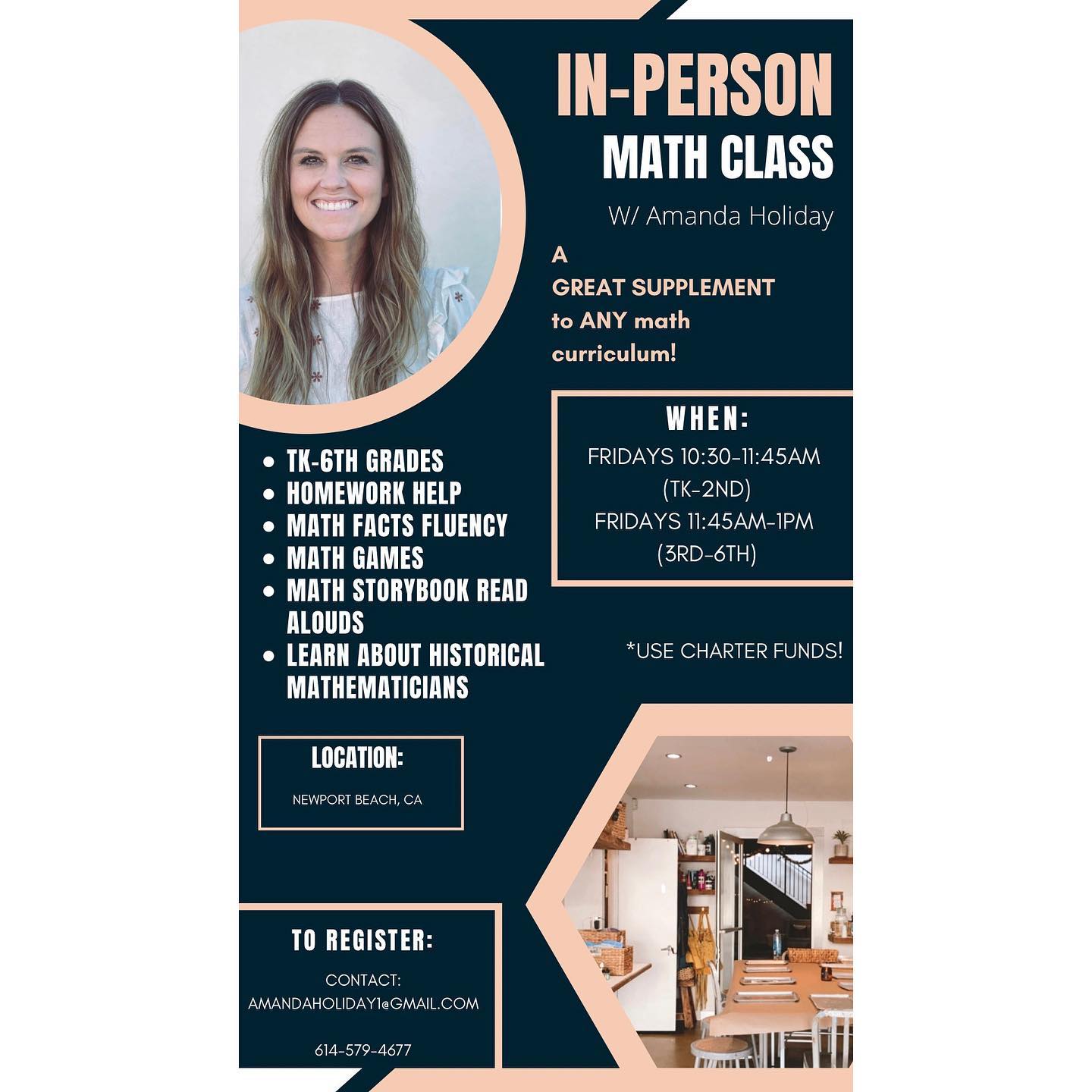 📢 Attn: So-Cal Homeschoolers! 📢
Do you want your child to grow in their math skills AND have some fun with math along with other kiddos? I have created a hands-on, in-person math class experience for children in grades K-5th to supplement what you are already doing in math at home or at school. In this class, students will use Marcy Cook Tiles to reinforce math skills, use hands-on math manipulatives to reinforce math concepts they are learning at home, practice math fact families to help them towards automaticity, play a variety of fun math games, hear math storybooks read aloud by myself, learn about famous mathematicians who have made contributions to society, AND have at least 20 minutes of homework help from a math teacher who has been teaching for 12 years :-) Students can use ANY curriculum at home to join this class!
*It is important to note: This class is NOT intended to take the place of a formal math curriculum. This is meant to be a supplemental class to whatever math program they are already using at home or at school.
Feel free to share this with others! And please reach out if you have any questions! I’m so excited to meet back with my students in-person!
#socalhomeschool #orangecountyhomeschoolers #ochomeschoolgroup #newportbeach #mathtutor #homeschoolmath #singaporemath #dimensionsmath #mathclass #cahomeschoolers