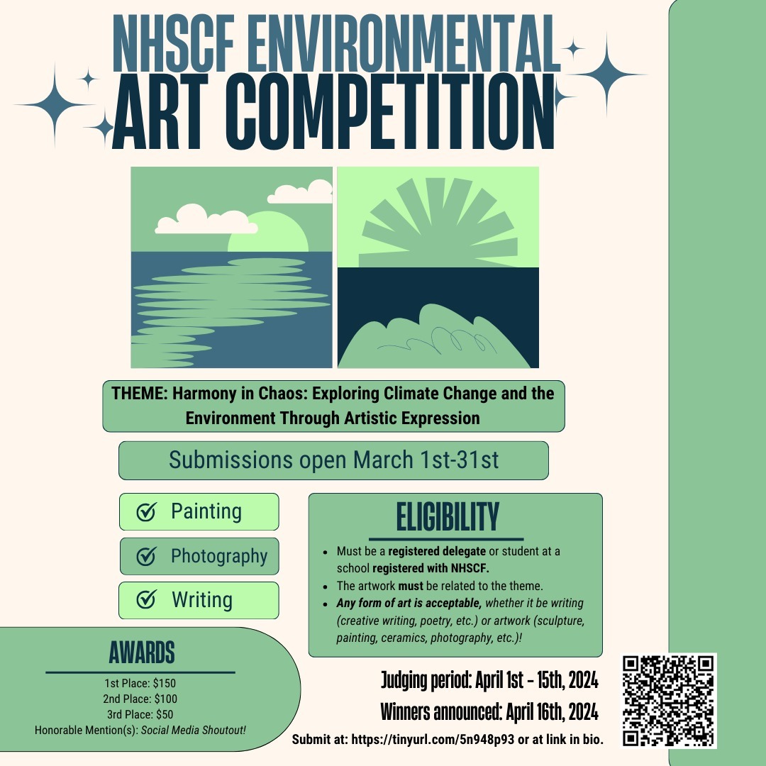 Calling all artists! Don't miss the opportunity to submit to NHSCF's art competition running now through March 31st! We're looking for art under the theme of Harmony in Chaos: Exploring Climate Change and the Environment Through Artistic Expression. Submit at the form linked in our bio or using the QR code! Please share with your clubs and anyone who might be interested!
#nhscf #nationalhighschoolclimateforum #conservation #climatechangeawareness #youthclimatesevent #climateactionnow
