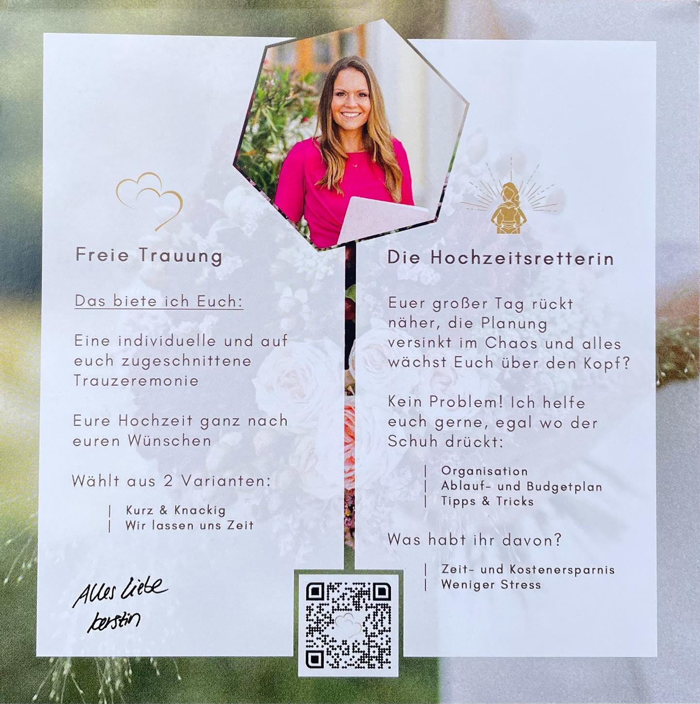 Neue Flyer für mein neues Angebot für euch liebe Brautpaare 👰♀️🤵♂️
1. Freie Trauung
Das biete ich euch:
Eine individuelle und auf euch zugeschnittene Trauzeremonie
Eure Hochzeit ganz nach euren Wünschen
Wählt aus 2 Varianten:
- kurz und knackig
- Wir lassen uns Zeit
*************************************
2. Die Hochzeitsretterin
In den vergangenen Jahren durfte ich auch bereits öfter als Hochzeitsretterin für meine Paare aktiv werden 😉
Was steckt dahinter?
Euer großer Tag rückt näher, die Planung versinkt im Chaos und alles wächst euch über den Kopf?
Kein Problem! Ich helfe euch gerne bei eurer selbst geplanten Hochzeit - egal wo der Schuh drückt!
- Organisation
- Ablauf und Budgetplanung
- Tipps und Tricks
Was habt ihr davon?
Zeit- und Kostenersparnis & weniger Stress 😎
#hochzeit #traurednerin #traurednerbadenwürttemberg #traurednerstuttgart #freietrauung #freietraurednerin #hochzeitsplanung #ablaufplanhochzeit #stressmanagement #kostenersparnis #traurede #ja_die_hochzeitsmesse #selbstgeplantehochzeit