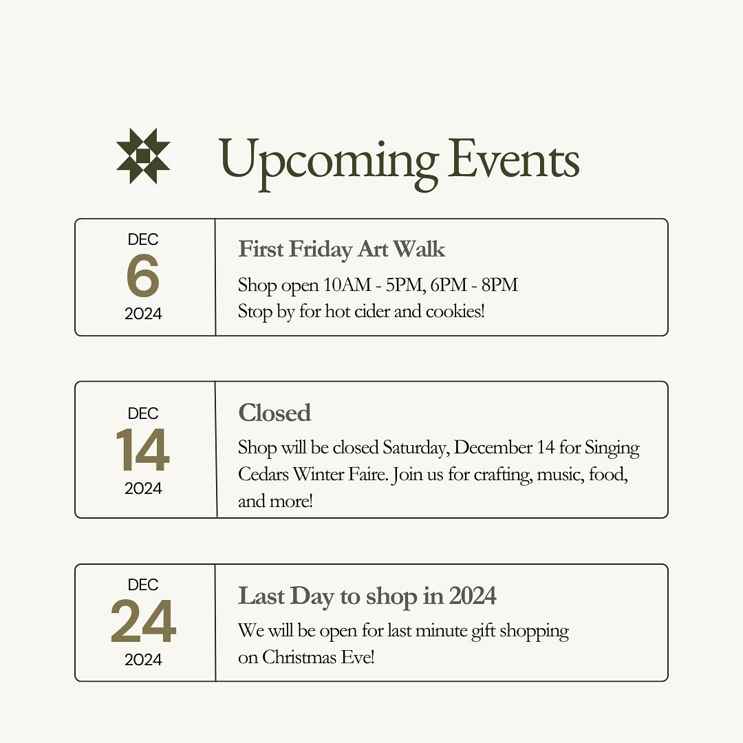 Upcoming dates to note π We will be open tomorrow evening for Art Walk. Stop by for some hot cider and cookies!