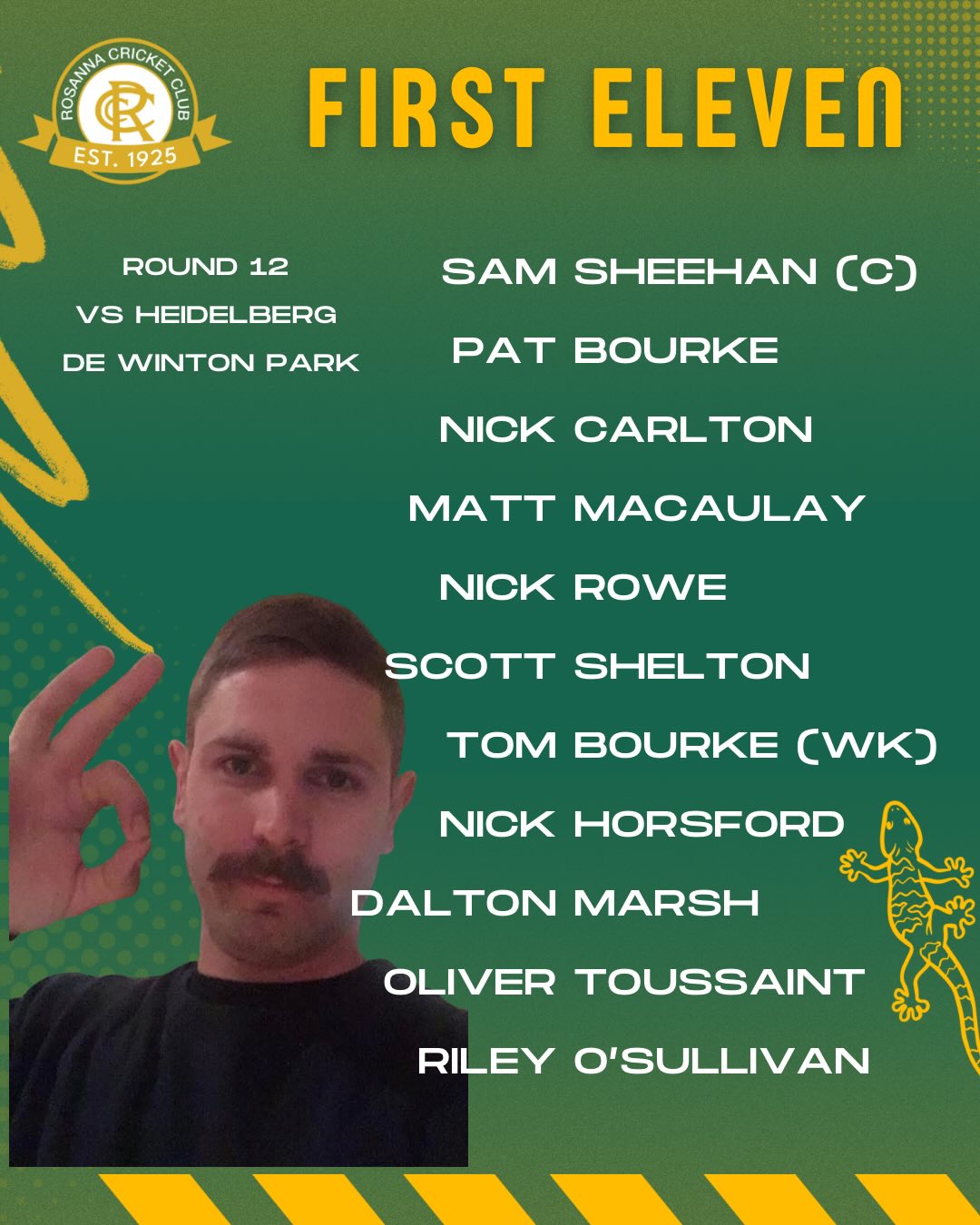 TEAMS - Round 12
How we line up for a huge day tomorrow π
Past players day & Shelts 250, canβt ask for a better reason to get down to support the boys!
Go Reptiles π¦