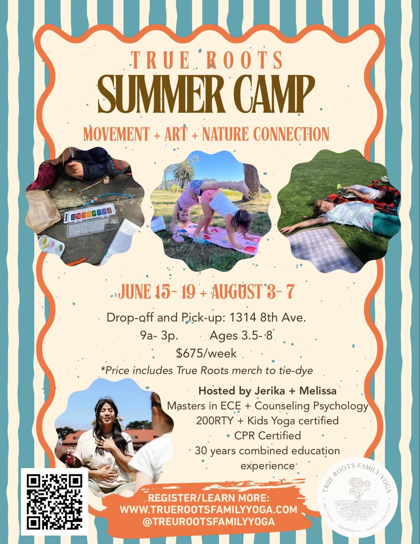 😎SUMMER CAMP IS ON!
Kids 3.5-8
*teen leadership available!
Last minute decided to add summer camps and I get to lead with my bff Melissa, @m1558!
free to move. breathe to create. rooted in soul.
yoga + movement
breath work + meditation
art + nature exploration
📍drop off @outervillage
🌳nature exploration at Golden Gate Park.
🌈Registration includes @truerootsfamilyyoga merch for tie-dye
Link in bio for camp registration and information!