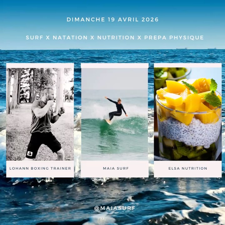 Journée surf, natation, nutrition sportive, boxe et préparation physique.
🌸
Dimanche 19 Avril à Seignosse.
En partenariat avec @lohannboxingtrainer coach & préparateur physique, et Elsa conseillère nutritionniste spécialisé en naturopathie et actuellement en BTS diététique.
🌸
Toutes les infos sont sur ce post.
📍Au programme:
1) Natation
2) Surf
3) Nutrition sportive
4) Boxe et préparation physique adapté au surf
📍6 places disponibles
📍98 euros
Nous sommes très heureux de vous proposer cette journée et de partager avec vous nos connaissances et nos compétences pour vous aider à vous sentir plus en forme et progresser dans votre pratique du surf au quotidien.
📩 Infos & réservations:
📍Maïa surf/ 0686496014
📍contact@maiasurf.fr
📍www.maiasurf.fr
#surf #ecoledesurf #seignosse #landes