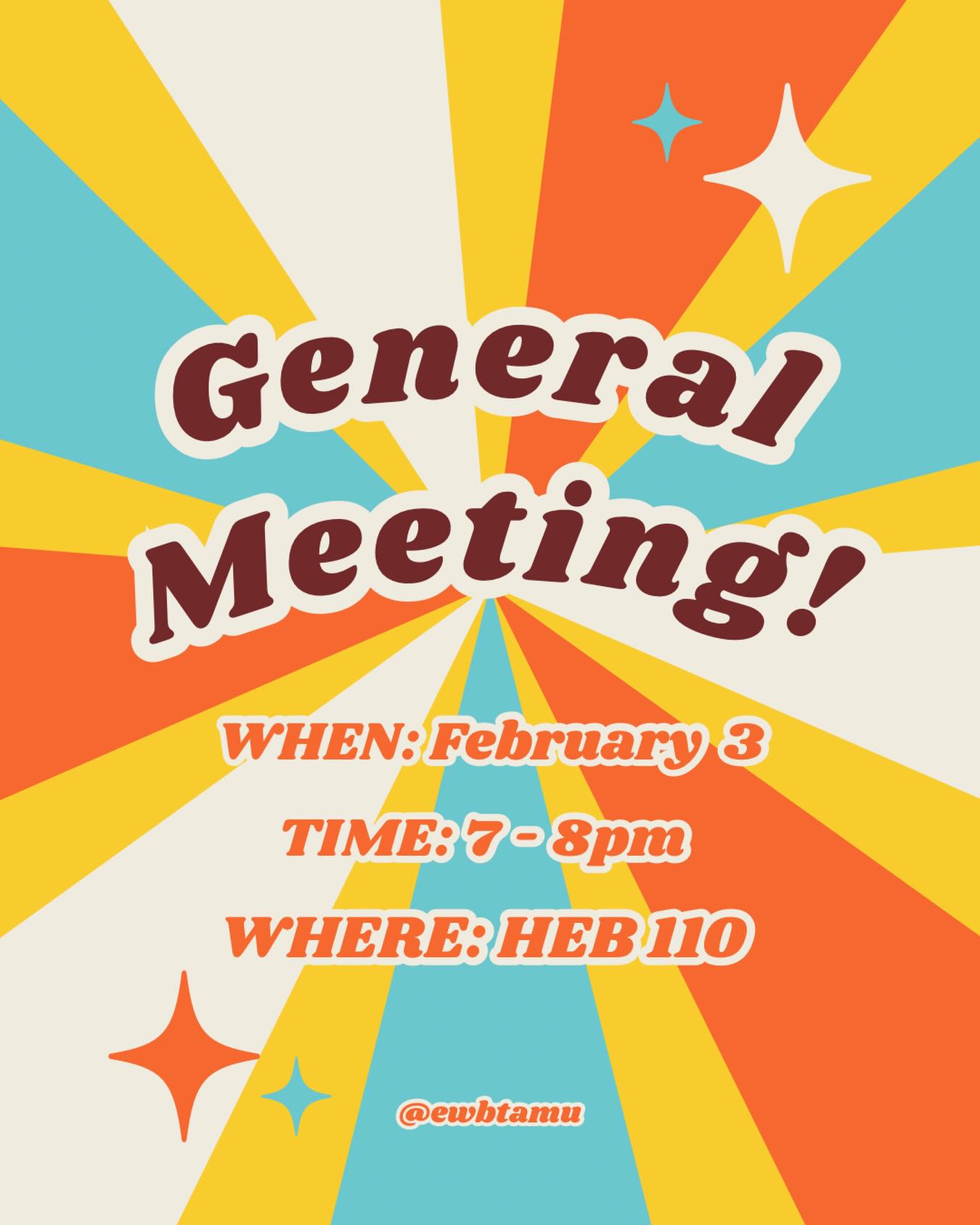 Howdy!! Please come join EWB for our first general meeting of the semester🥳 Be prepared to have so much fun!🤗🤗