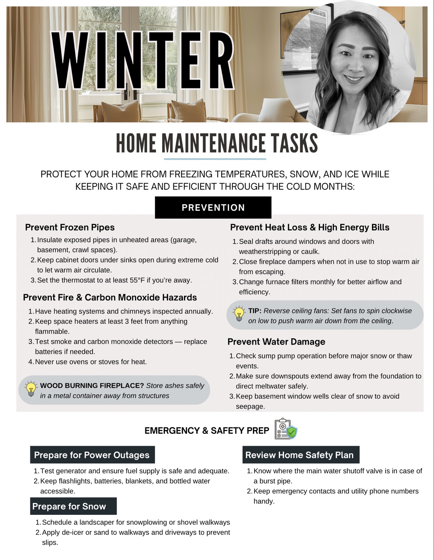 ❄️ Winter Reminder 🏡
With the freezing temperatures we’ve been having lately, it’s a good time to double-check your home’s winter prep. A few simple steps now can help prevent frozen pipes, heat loss, and other cold-weather headaches.
This checklist covers key winter maintenance items — from protecting plumbing and heating systems to fire safety and emergency preparedness.
Stay warm, stay safe, and save this as a reminder while the cold temps stick around. 📌
As always, I’m here as a resource for homeowners, renters, and buyers in Greenwich.
#WinterReminder #ColdWeatherPrep #GreenwichCT #HomeMaintenance #WinterHomeCare CTHomes HomeownerTips