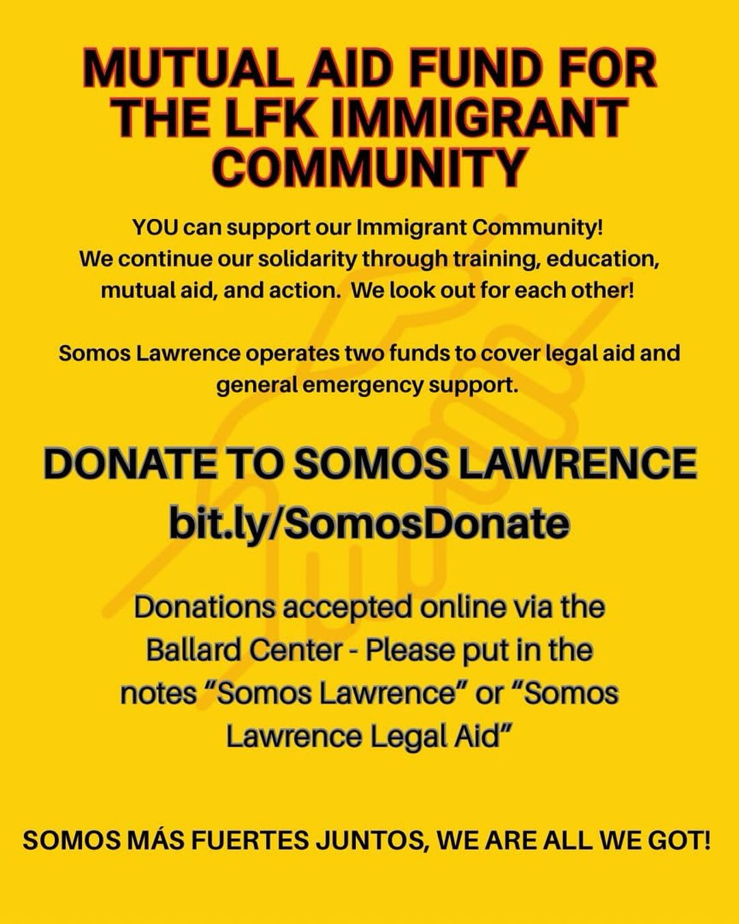 Thank you Sanctuary Alliance and Somos Lawrence for all of your work supporting our immigrant community! Here’s ways we can support them! Get trained and educated with Sanctuary Alliance and participate in mutual aid with Somos Lawrence! Sign up for Community Solidarity Training with Sanctuary Alliance: bit.ly/FebruarySolidarityTraining. Donate to Somos Lawrence to help cover legal aid and emergency support: bit.ly/SomosDonate.
✨✨✨All donations made at our meal this Wednesday will go straight to Somos! Donations are always optional, but if you are able to give: We accept cash, check, Venmo and PayPal. All donations collected will go to Somos! Come have dinner, donate and be in community. We welcome everyone! ✨✨✨
We want to say it loud and clear: Abolish ICE!!!!!