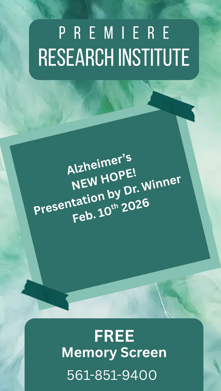 With the start of the new year, what’s better than gaining knowledge about Alzheimer’s and the amazing advances that are happening. Dr. Paul Winner is hosting a very informative lecture on the topic and wants you there!
Call us TODAY for a free memory screen! 561-852-9400
STAY SHARP!
#endalz #alzheimersassociation #pri #alzheimersawareness #alzheimers