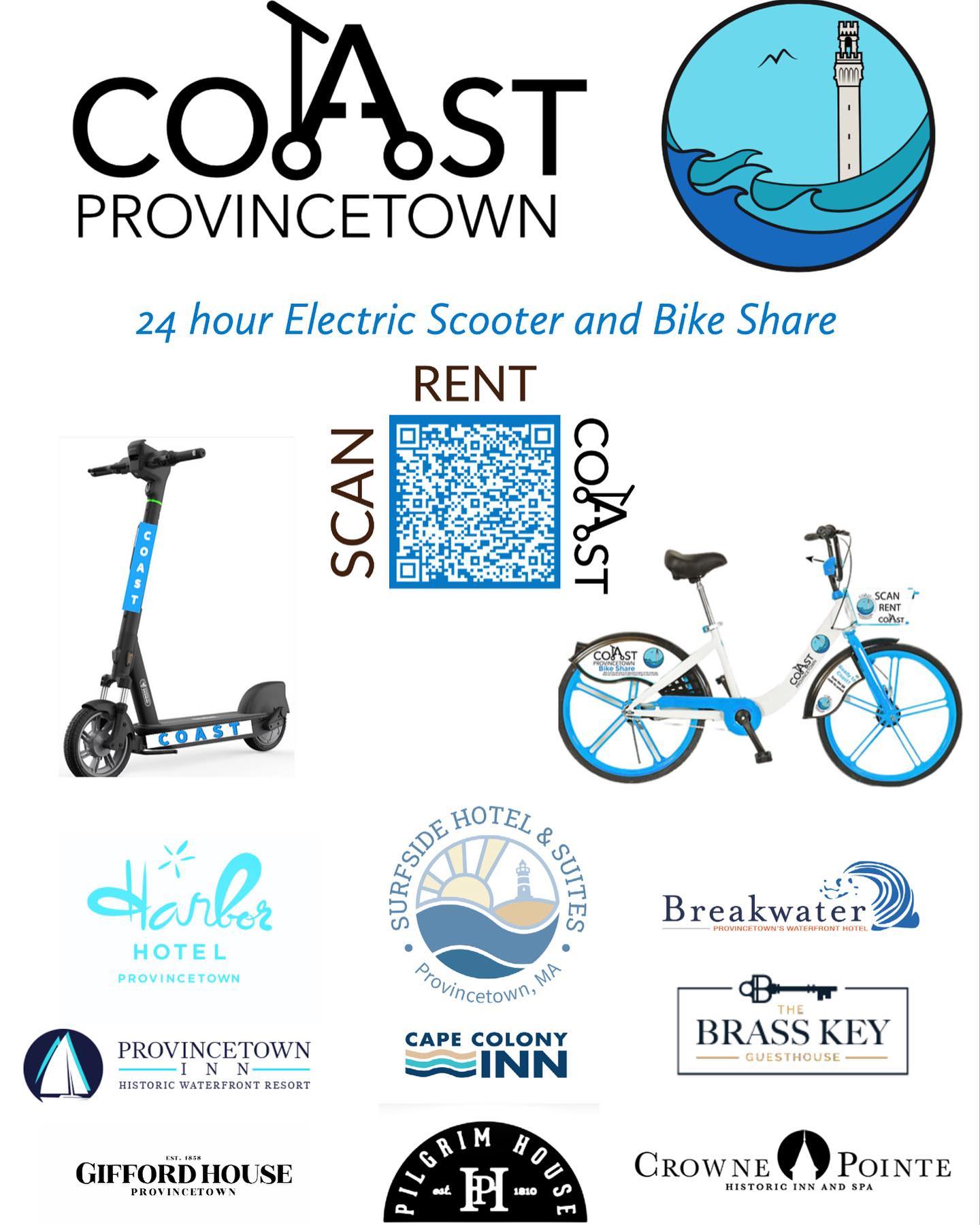 Scan~Rent~COAST ! We’ve added more hotel partners for our 2023 season in Provincetown! More locations coming soon! Find your ride on our app: ‘Coast-Enjoy the Ride’ and use promo code BeKind for a free rental !
