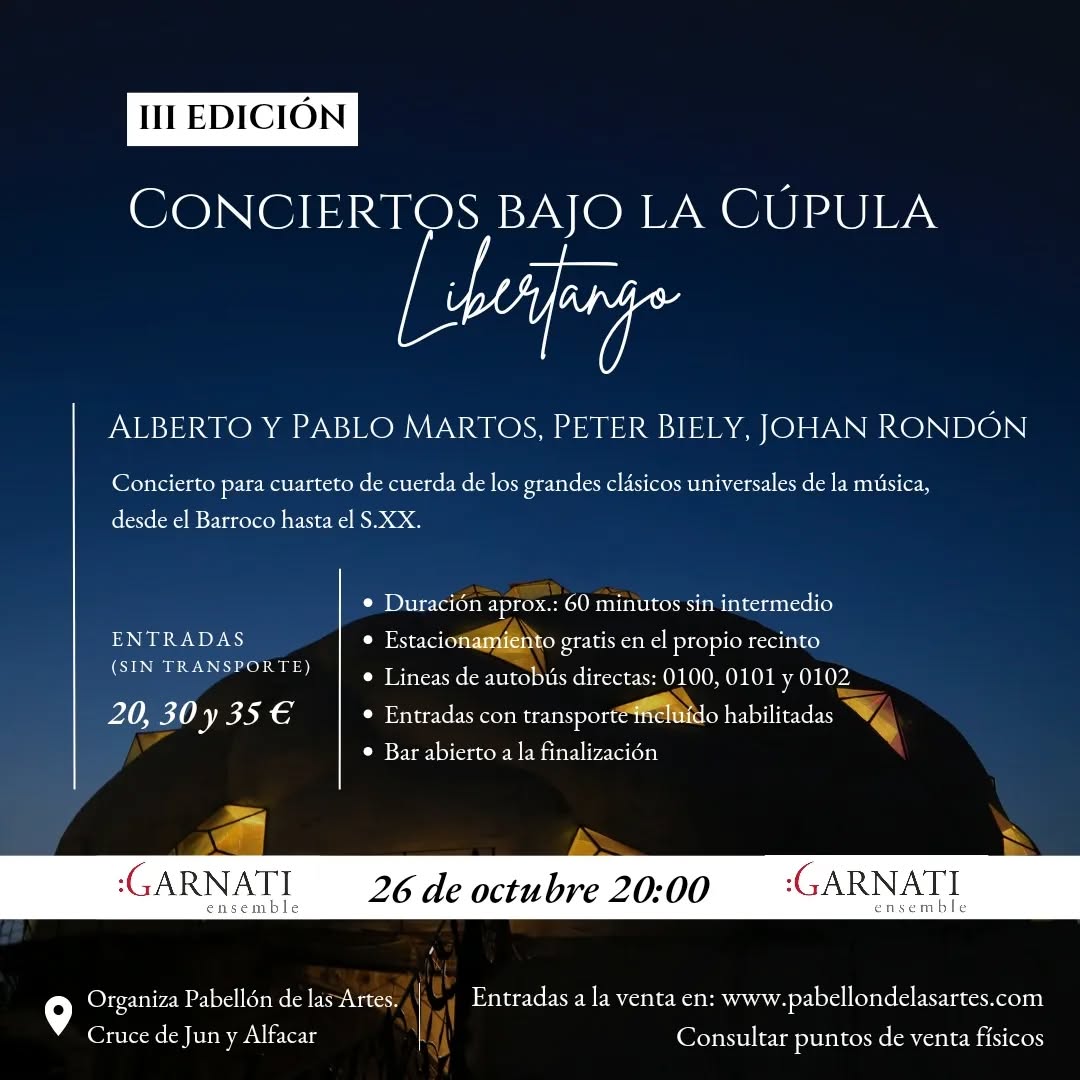 Nunca creímos que pudiéramos escribir un “III” delante de “EDICIÓN DE CONCIERTOS BAJO LA CÚPULA”.
.
Un proyecto que comenzó con la ilusión de volver a ver la vida fluyendo por estas galerías, de ver correr alguna lágrima con la vibración de las notas. Y en las dos ediciones anteriores, lo conseguimos.
.
𝑳𝑰𝑩𝑬𝑹𝑻𝑨𝑵𝑮𝑶 pone título a esta 𝑰𝑰𝑰 𝑬𝑫𝑰𝑪𝑰Ó𝑵 𝑫𝑬 𝑪𝑩𝑳𝑪, en la que vamos a poder disfrutar de algo de lo que también teníamos muchas ganas. De las cuerdas de 4 artistas que vienen de 3 rincones distintos del mundo para devolvernos al pasado con una delicada selección de piezas desde el Barroco hasta el siglo XX. Ellos son los granadinos 🎻 Alberto @martoscello y Pablo Martos @pablomartosmusic (violonchelo y violín I), el eslovaco 🎻 Peter Biely @peter_biely (violín II) y desde Venezuela, 🎻 Johan Rondón @viohanr (viola).
.
Albinoni, Brahms, Piazzolla… un selecto resumen de los grandes clásicos, la elegancia y sutileza de las cuerdas y la magia de este lugar, nos van a volver a emocionar y mucho, el 26 𝒅𝒆 𝒐𝒄𝒕𝒖𝒃𝒓𝒆 𝒂 𝒍𝒂𝒔 20:00.
Te recordamos que:
➡️ Ya están a la venta las entradas en nuestra web: www.pabellondelasartes.com. ⚠️NOVEDAD⚠️ Consúltanos sobre próximos puntos de venta físicos.
➡️ ⚠️NOVEDAD⚠️: También tienes disponibles entradas con TRANSPORTE INCLUÍDO.
➡️ Apertura de puertas desde las 19:00h. Comienzo del concierto a las 20:00.
➡️ Duración aproximada: 60 minutos sin intermedio.
➡️ Aparcamiento disponible dentro del recinto del Pabellón de las Artes sin cargo.
➡️ 🍴🍷Nuestro bar abrirá sus puertas a la finalización para poner la guinda a una noche completa.
¿Soñamos juntos?
#conciertosGranada #conciertos #músicaclásica #eventos #galeríadearte #cultura #arte #música #piano #espectáculos #Granada #CBLC #ConciertosBajolaCúpula #granadamusic #granadamusica #músicagranada @rcsmve @conservatorio_musica_granada