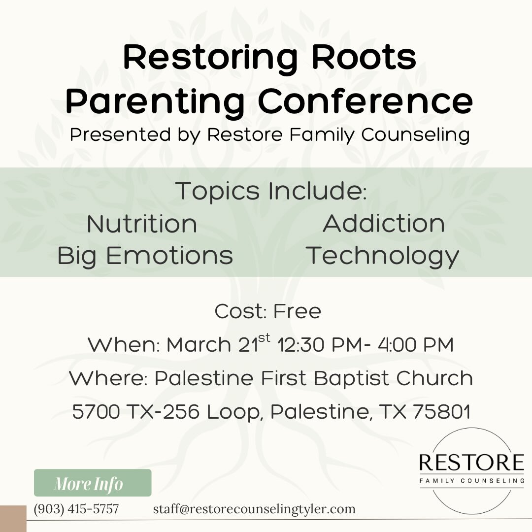 **UPDATE: The Restoring Roots Parenting Conference has been rescheduled for March 21st.**
Restore is partnering with Palestine First Baptist Church to host the Restoring Roots Parenting Conference March 21st from 12:30 PM- 4:00 PM! The conference will equip and educate parents on topics such as nutrition, big emotions, addiction, and technology. Whether you have young children or teens this free conference is for you!