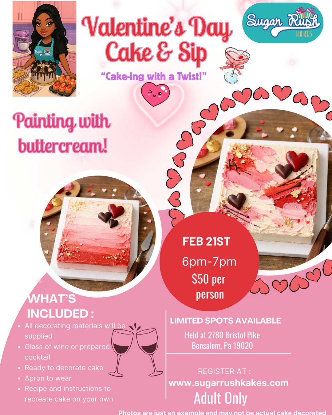 🎨🍰 Unleash your inner artist at our Cake and Sip event on February 21! Decorate a mini sheet cake like a painter’s canvas—learn ombre buttercream techniques, add Valentine’s accents, sip, and take home your sweet masterpiece. Link in bio! #CakeAndSip #ValentinesDesserts #BakingFun #CreativeCakes #SugarRushKakes #BensalemEvents #PAEvents #SweetArt #FoodieFun