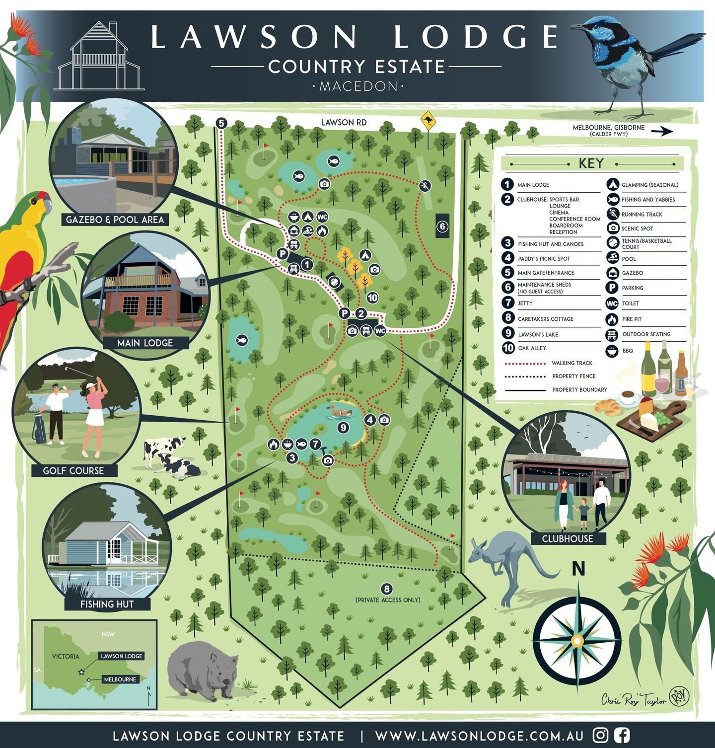 Lawson Lodge isn’t just a venue; it’s an entire 65-acre estate reserved exclusively for you and your group. From the lodge to the lake, the golf course to the clubhouse, every corner of this property is yours to enjoy.
Take a look at the map and imagine the possibilities. Whether it’s a corporate retreat, or family getaway, Lawson Lodge gives you the space to create unforgettable moments.
Map illustrated by local artist @chrisroytaylor
.
.
.
.
#lawsonlodge #lawsonlodgecountryestate #macedon #mountmacedon #daylesfordmacedonranges #macedonranges #melbourneaccommodation #lawsonlodgeweddings #macedonrangeswedding #onehourout #onehouroutofmelbourne
