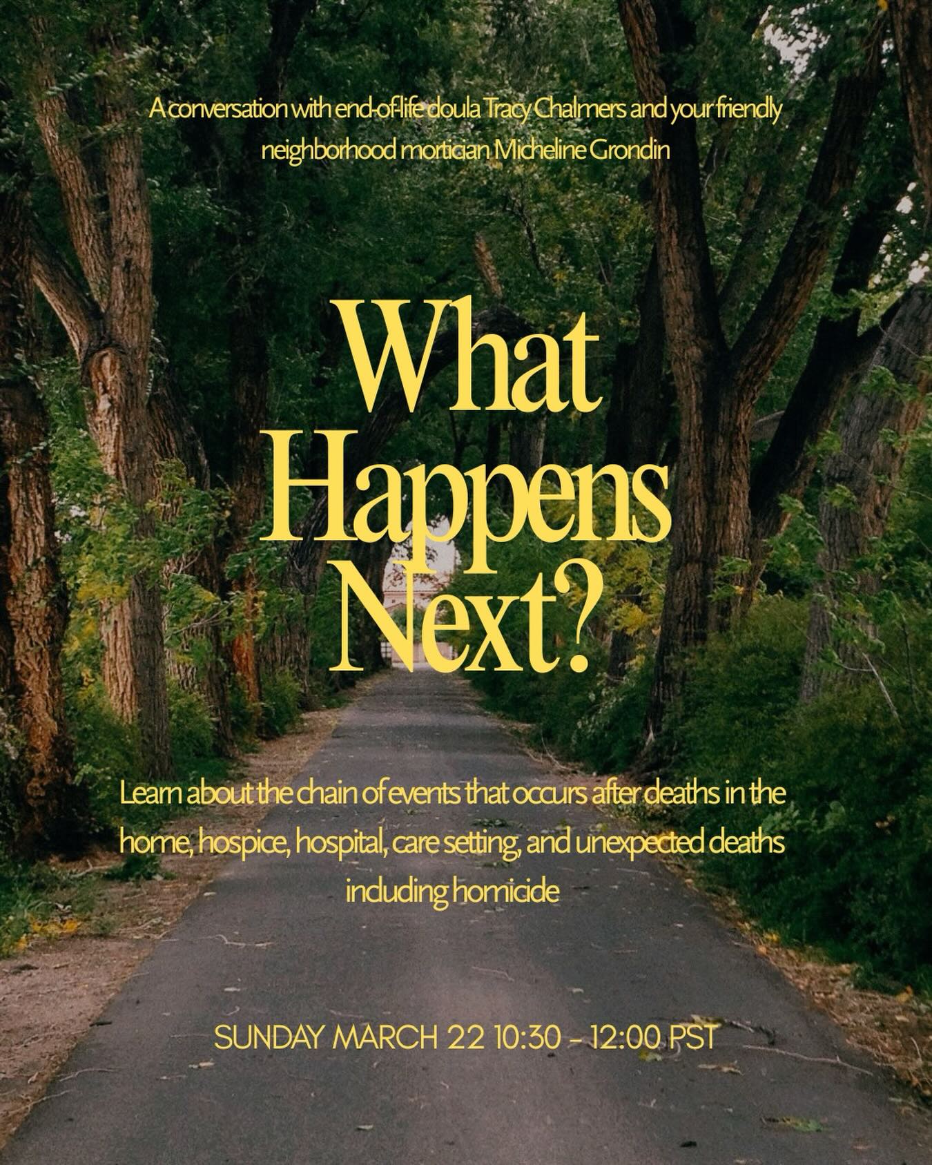 I am so grateful to be hosting this important conversation!
What Happens Next: : A conversation with your friendly neighborhood mortician, Micheline Grondin about the chain of events that occurs after deaths in the home, hospice, hospital, care setting, and
unexpected deaths including homicide
.
.
March 22 10:30 AM – 12:00 PM
.
.
Death touches every family and yet so much of what happens afterward remains a mystery. When someone dies at home, in hospice, in hospital,
in long-term care, or unexpectedly, what actually unfolds? Who do you call? What are the legal steps? What choices do you truly have?
Join end-of-life doula Tracy Chalmers and licensed funeral director & embalmer Micheline Grondin for a warm, informative, and empowering conversation that gently pulls back the curtain on the practical realities that follow a death.
Micheline brings clarity, steadiness, and heart to a topic many of us have never been invited to explore openly. This conversation will cover:
• The chain of events after a death in different settings - home,
hospice, hospital, long-term care, unexpected death, and even homicide
• Who legally “controls disposition” and who can contact a funeral home
• What happens behind the scenes at a funeral home - transportation, equipment, answering services, embalming vs. sanitary care
• Death registration and certificates
• The options typically presented by funeral homes - and the
questions you’re likely to be asked
• Doing things differently: home funerals, community deathcare,
green burial, water cremation, human composting, and transporting your person in a private vehicle
This is not a morbid conversation. It is a practical one. A human one.
When we understand the process, fear softens. When we know our rights and options, we can make choices that align with our values. So much of this has been shrouded in mystery when it doesn’t need to be.
You can find out more about Micheline Grondin’s work at Connected Journeys (www.connectedjourneys.ca)
Registration link in bio! 🤞see you there!