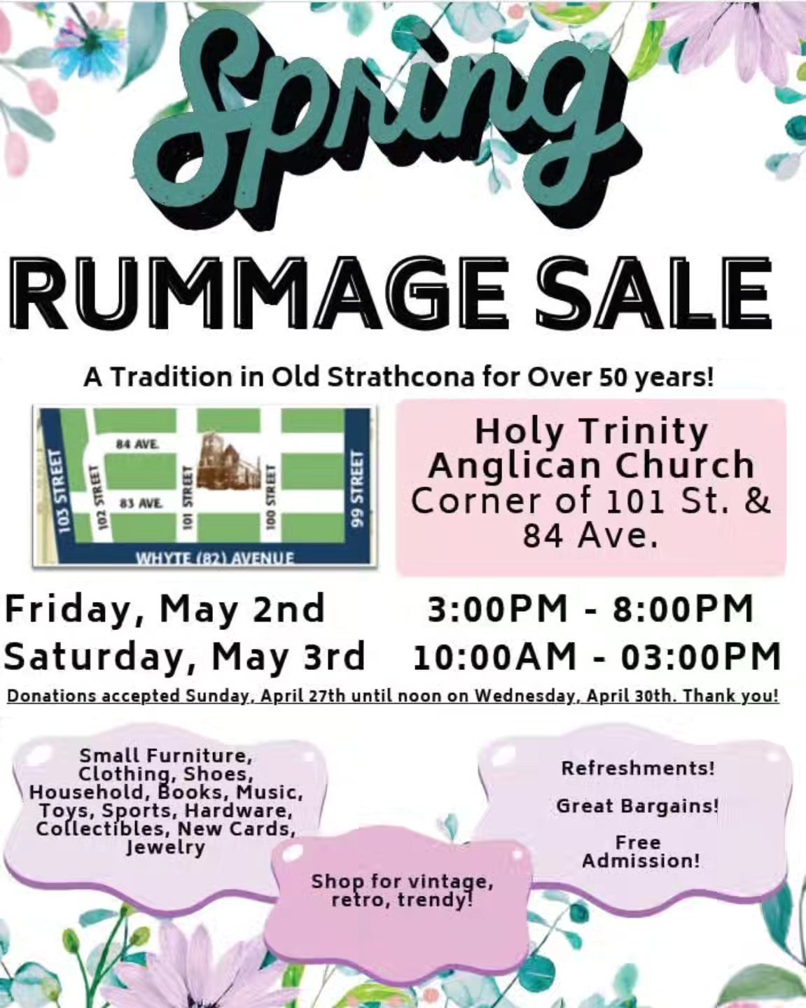 People have been asking WHEN the Spring Rummage Sale is this year because Easter is late - so we are pleased to announce that our twice annual Rummage sale will be happening May 2 and May 3! Please see photo for all the details!
