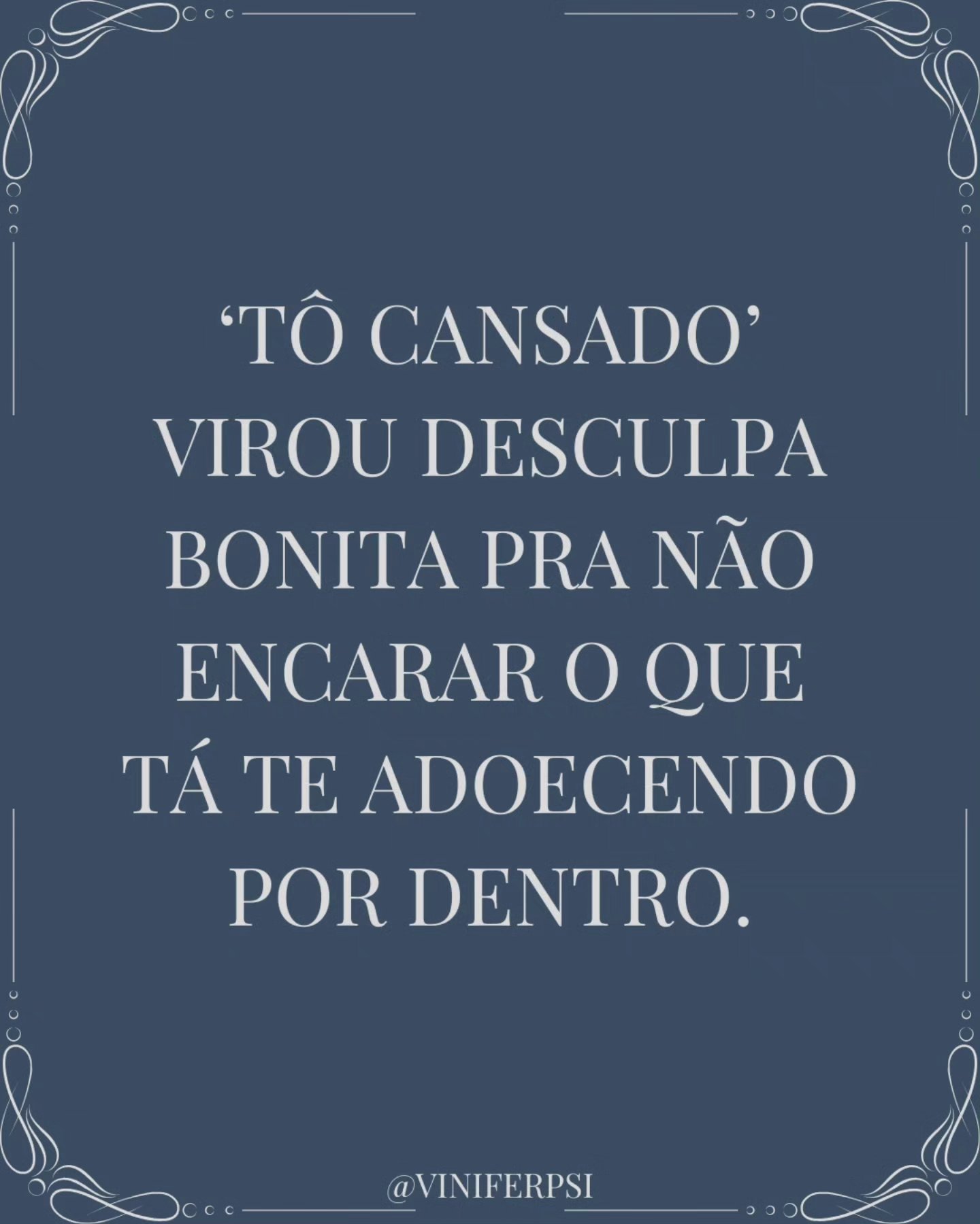 🧠 “Tô cansado” virou o novo “não quero falar sobre isso.”
Mas o corpo fala. O humor muda. A motivação desaparece. E a vida vai pesando, sem explicação.
⠀
Muitas vezes, o cansaço que você sente não é físico — é psíquico.
É o peso do que você engole, repete, evita.
⠀
A escuta clínica é esse lugar onde o que não foi dito encontra espaço.
⠀
✨ A terapia não vai te dar respostas prontas, mas pode te ajudar a parar de fugir das perguntas certas.
#psicologia #terapia #saúdemental #psicanálise #viniferpsi #cansaçoemocional #segunda-feira #clinicapsicanalítica #inconsciente #autoconhecimento