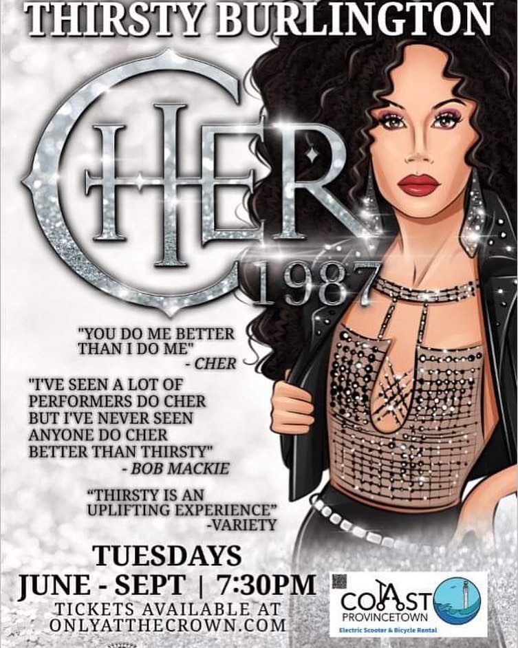 Coast Provincetown has partnered with @thirsty_burlington to sponsor her upcoming Cher 1987 show at the Crown and Anchor in #provincetown
Get your tickets now @onlyatthecrown