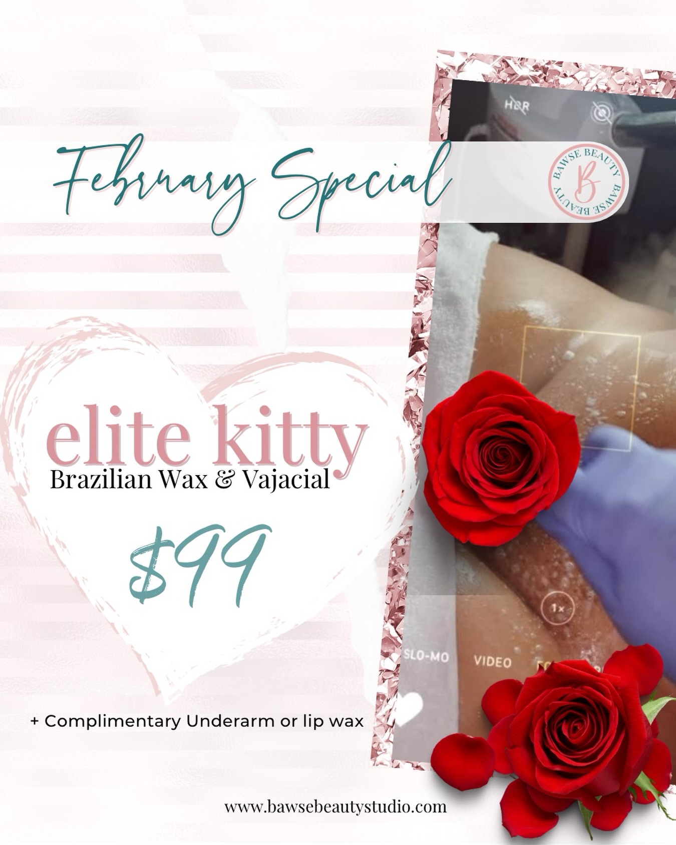 Valentine’s season is for softness….and standards. Smooth. Maintained. Elite.💕
Our Elite Kitty service includes a Brazilian wax and Vajacial for $99 (save $30).
Perfect for smooth skin, healthy maintenance, and a little extra care this month.
📅 Limited February spots available. Book now.