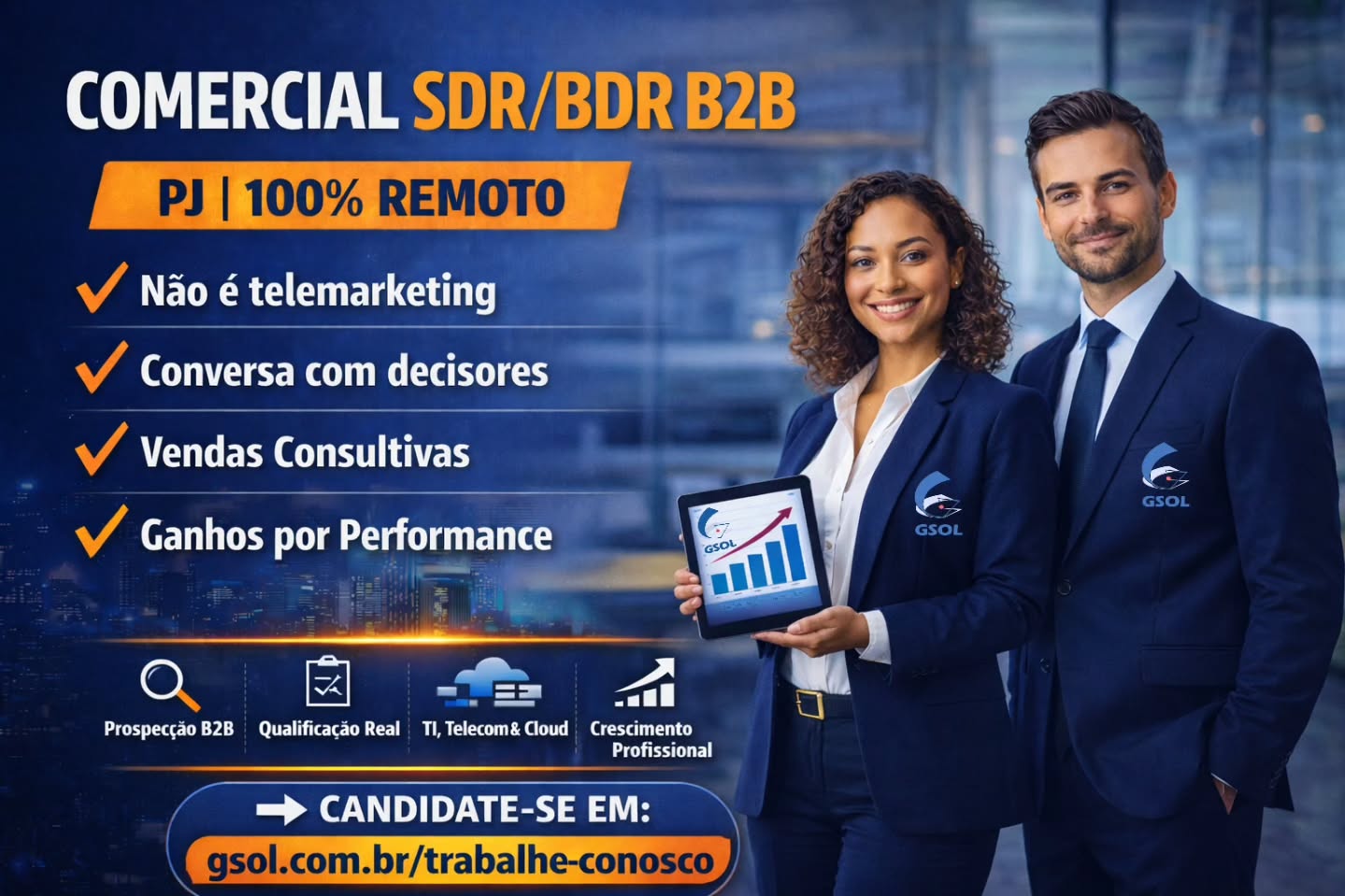 🚀 SDR / BDR | B2B | PRÉ-VENDA | PJ | REMOTO
Se você:
✔ Não é telemarketing
✔ Sabe conversar com decisores
✔ Curte vendas consultivas
✔ Quer ganhar por performance
Essa vaga é pra você.
🔹 Prospecção B2B
🔹 Qualificação real de oportunidades
🔹 Soluções de TI, Telecom e Cloud
🔹 Crescimento profissional
📍 Modelo PJ | 100% Remoto
💰 Bônus por performance
👉 Candidate-se em:
https://gsol.com.br/trabalhe-conosco