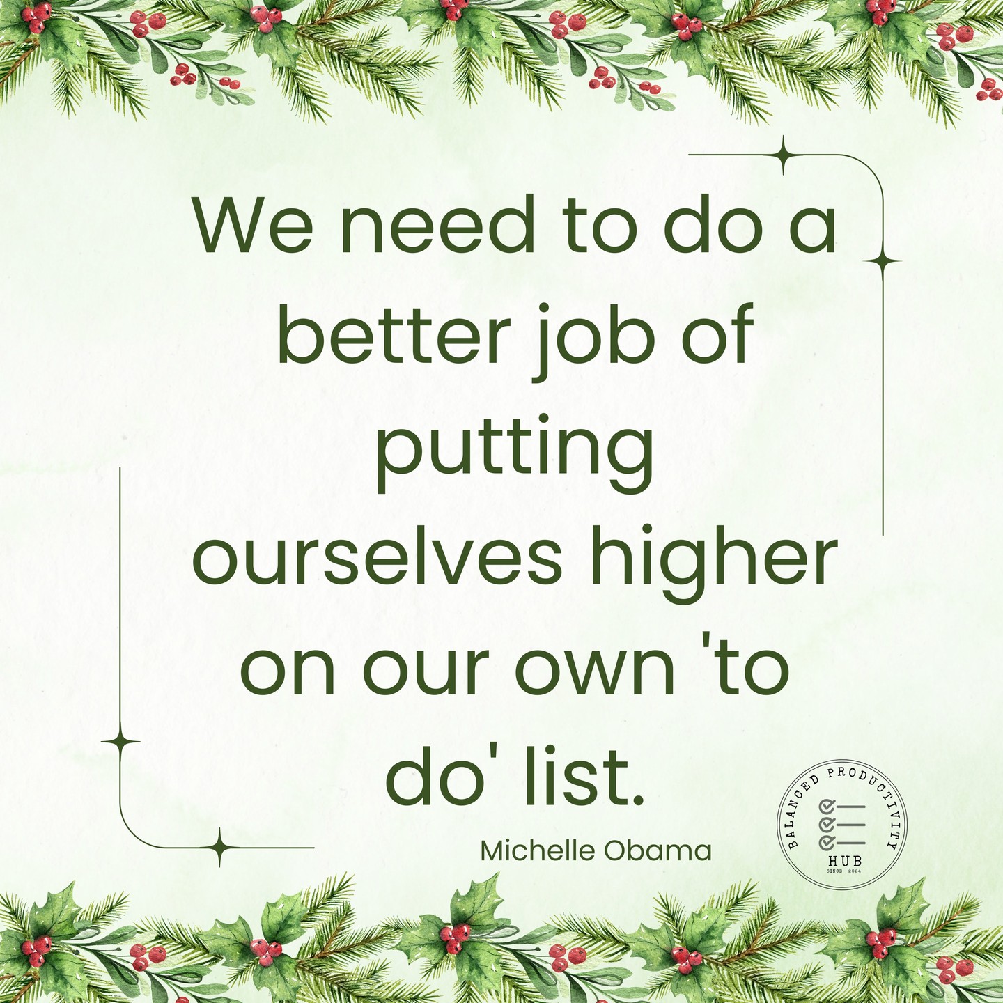 đđ Tis the Season to Prioritize YOU!đđ
In the whirlwind of holiday prep, it's easy to get lost in the endless to-do lists and forget the most important person: Yourself!
Michelle Obama reminds us: "We need to do a better job of putting ourselves higher on our own 'to do' list."
âš Here's your gentle reminder to:
1. Schedule in some self-care: Even amidst the chaos, carve out time for a relaxing bath, a good book, or a quiet walk.
2. Set boundaries: Saying "no" to commitments that drain your energy is okay.
3. Don't strive for perfection: Embrace the imperfections and enjoy the process.
4. Remember the season's true spirit: Connect with loved ones, spread kindness, and cherish the simple moments.
Let's prioritize our well-being this holiday season and make self-care a non-negotiable. You deserve it! â€ïž
#SelfCare #HolidaySeason #Wellbeing #MichelleObama #Inspiration #Motivation #Balance #Productivity #Mindfulness #HolidayStress #YouMatter #balancedproductivity #balancedproductivityhub