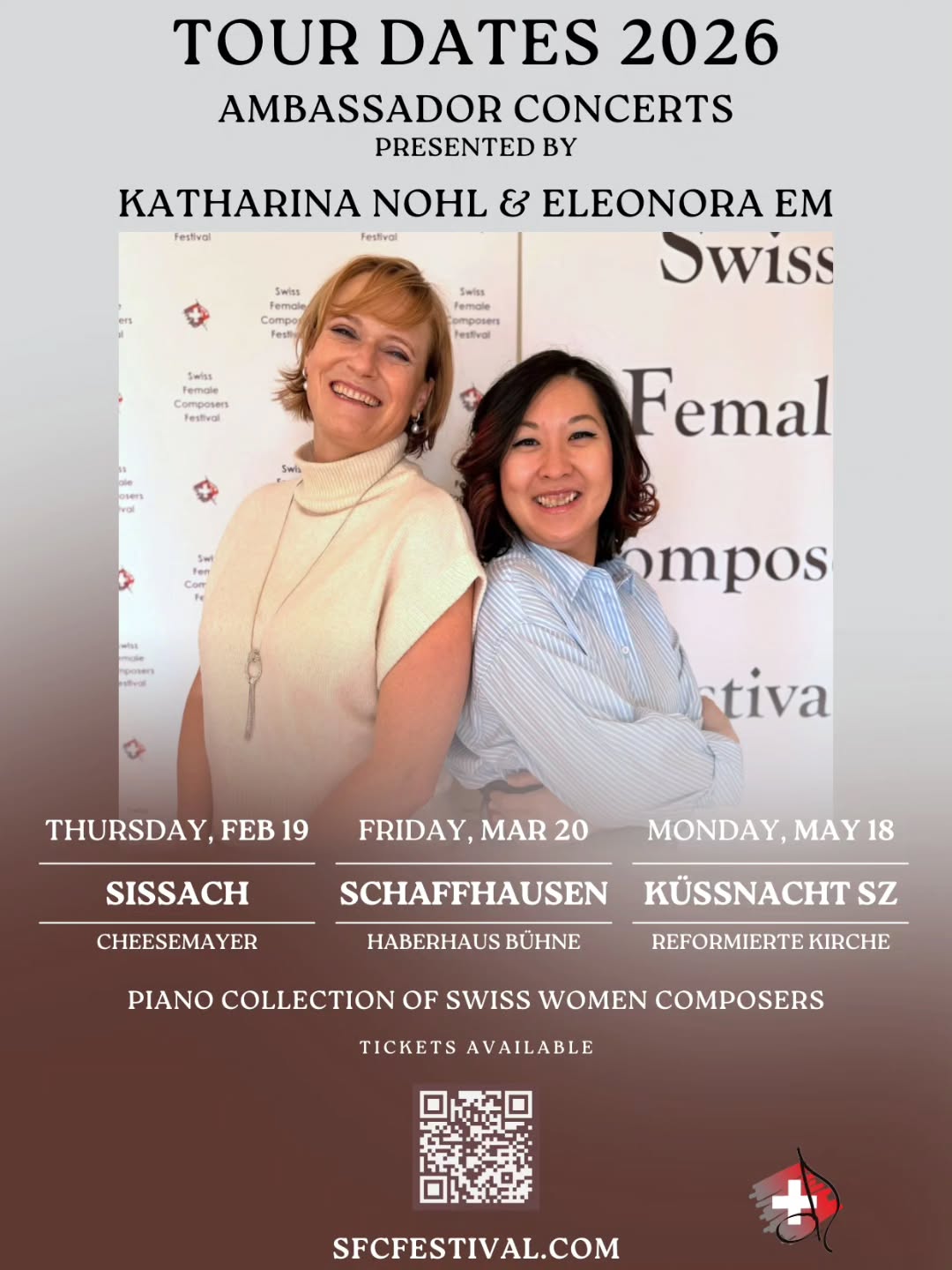 Proudly present our first tour dates of 2026 with Swiss Female Composers Festival ambassador pianist Eleonora Em.
Not only will we present music from the published Piano Collection further more we'll play more music by women composers of Switzerland!
The Piano Collection is available with @universaledition
Come join and find out!
#piano #women composers
#Switzerland