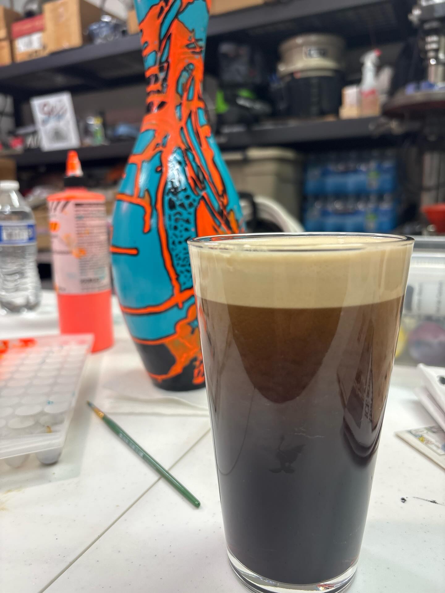 Bowling pin painted, non-alcoholic Guinness pint settling #relaxing