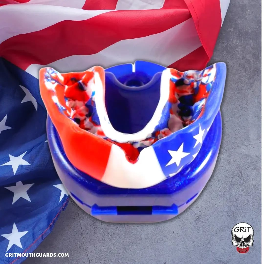 USA! Red, white, and blue mouthguard design with stars. The inner layer (tray) is designed with a red, white, and blue camouflage. www.gritmouthguards.com. #gritmouthguards #mouthguard #usa #redwhiteandblue