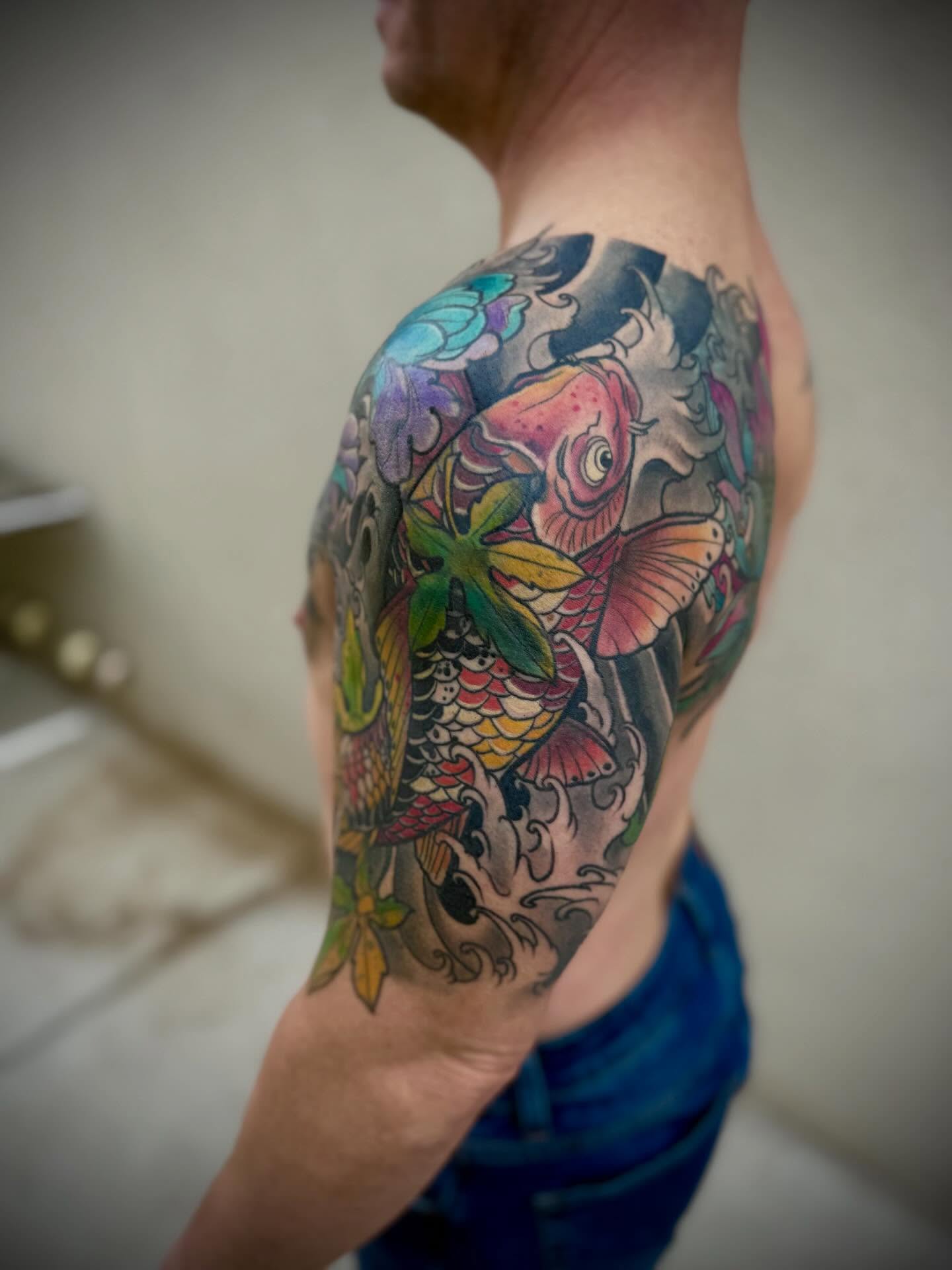 Triple cover-up across the chest, shoulder, and back.
This one came in layered — old ink in multiple spots that didn’t flow together and didn’t represent where he’s at now. We rebuilt it from the ground up with a bold koi, heavy movement, and color saturation strong enough to bury what was underneath.
Flow was everything on this piece. The scales, the waves, the florals — all designed to wrap the body naturally so it reads as one composition instead of three separate fixes.
Cover-ups aren’t about hiding mistakes. They’re about evolution.
And this one? Complete transformation.
Still a little healing, but already sitting solid.
If you’ve got old work you’re ready to move past, let’s build something better.
#TattooCoverUp #KoiTattoo #JapaneseTattoo #ChestTattoo #BackTattoo SleeveTattoo TattooTransformation BoldWillHold InkLife NewMexicoTattoo TrueGritTattoos