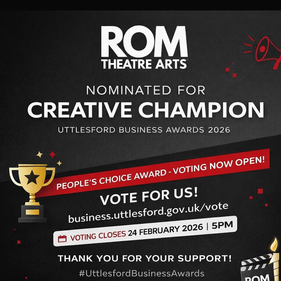 We are thrilled to share that…
ROM Theatre Arts has been nominated and shortlisted for Creative Champion at the Uttlesford Business Awards 2026! 🎭🏆
So proud of how far we’ve come and everything still to come. Big-picture thinking. Real community impact.
Huge congratulations to all the other shortlisted businesses, Uttlesford is bursting with talent and ambition. 🙌
💡 PEOPLE’S CHOICE AWARD VOTING IS OPEN!
As a shortlisted business, we’re also in the running for People’s Choice Award, decided by public vote.
🕟 Voting opens today at 4.30pm
🕔 Closes Tuesday 24th February at 5pm
👉 Vote here:
LINK IN BIO!!
https://business.uttlesford.gov.uk/vote
Thank you for supporting local, backing creativity, and championing the arts. 💛
#UttlesfordBusinessAwards #CreativeChampion #PeoplesChoiceAward #SupportLocal #RomTheatreArts