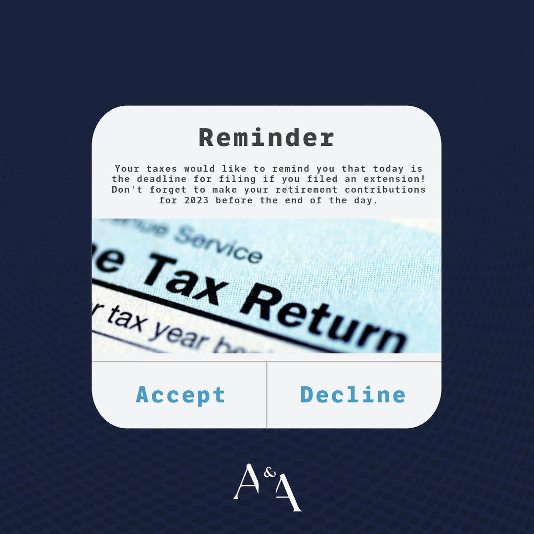 🚨 Reminder: Tax Deadline is TODAY for those who filed a 6-month extension.
Today is also the last day to make retirement contributions for 2023!
-
-
-
-
-
#TaxDeadline #RetirementContributions #TaxTips #FileToday #TaxSeason #TaxTime #TaxDeadline #LastMinuteFiling #RetirementPlanning #FinanceTips #FinancialFreedom #MoneyMatters
