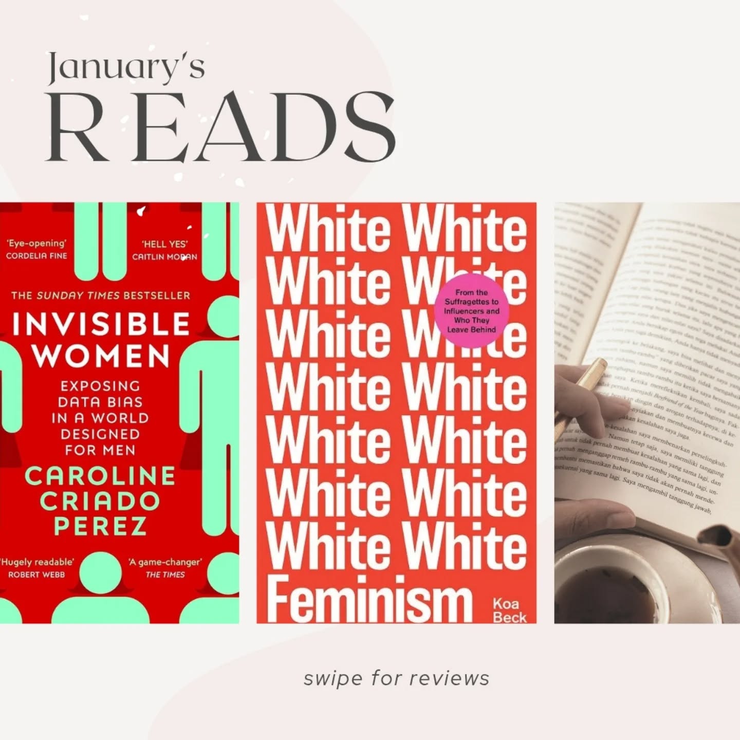 I fell off with these posts towards the end of last year. But I actually find them very helpful in keeping accountable with my reading goals.
These posts are incredibly unpopular, so if you've read this far, do me a favour and give it a like 😂
#bookreview #whitefeminism #bookstagram #invisiblewomen #feminism