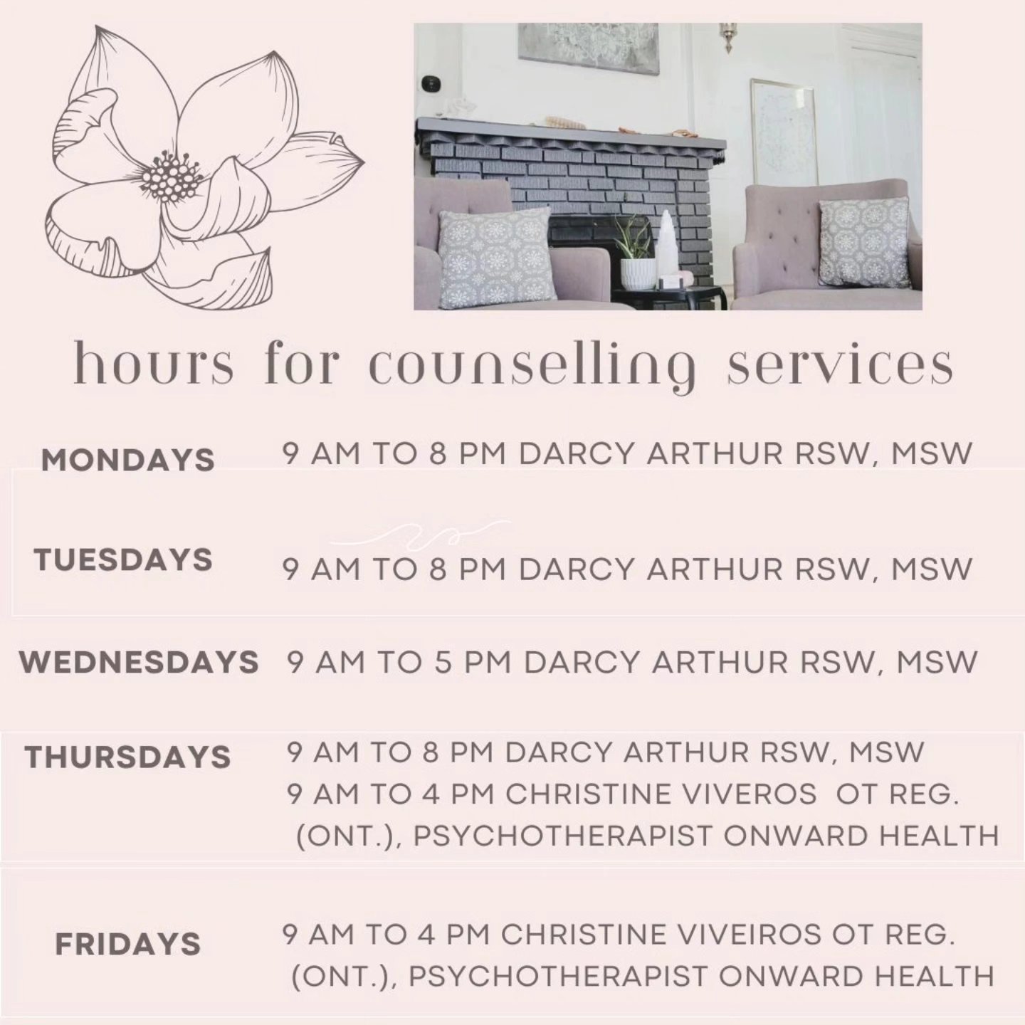 Happy New Year! We look forward to welcoming you to Magnolia Wellness in 2025. Christine and Darcy are both accepting new clients for counselling.
Darcy Arthur RSW, MSW provides counselling for individuals and couples. Visit www.magnoliawellness.net to book a free 15 minute consultation.
Christine Viveiros OT Reg. (Ont.), Psychotherapist provides counselling for individuals. Visit www.onwardhealth.ca to book a free 15 minute consultation.
Darcy and Christine are both Blue Cross providers. Darcy provides direct billing with many insurance companies.