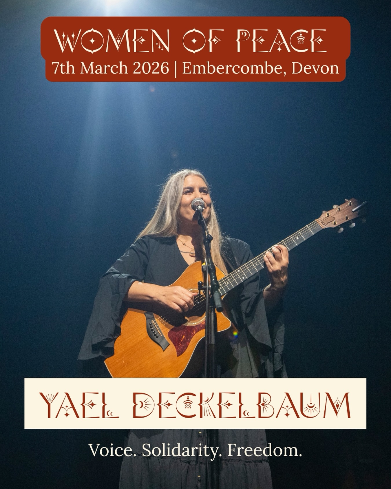 WOMEN OF PEACE RETREAT: Yael Deckelbaum ✨
Our time with Yael begins with voice, as she shares stories and songs gathered from her experiences of connecting with communities and women around the world. The day will culminate in Yael’s powerful live music, including songs from her album dedicated to women worldwide.
Yael is a women’s rights activist and platinum award-winning musician. Her song ‘Prayer of the Mothers’ was the anthem in the 2016 March of Hope ✊🏽✊🏿✊🏻 a @womenwagepeace movement that united women from Israel and Palestine calling for an end to violence. Her song ‘What About The Women’ spreads a powerful message of peace, freedom and the rise of the feminine.
Yael will hold space alongside Meera Eilabouni, a fellow peace activist and artist. Together they will share how to be a voice for change and invite you to step into the truth in your hearts as we remember our shared humanity.
Join us in this day of prayer, presence and collective remembrance for International Women’s Day.
WOMEN OF PEACE DAY RETREAT | Medicine Woman Gatherings
…………
🌹🕊️ 7th March 2026 at Embercombe, Devon, UK.
Link in our bio for tickets my loves 🪶