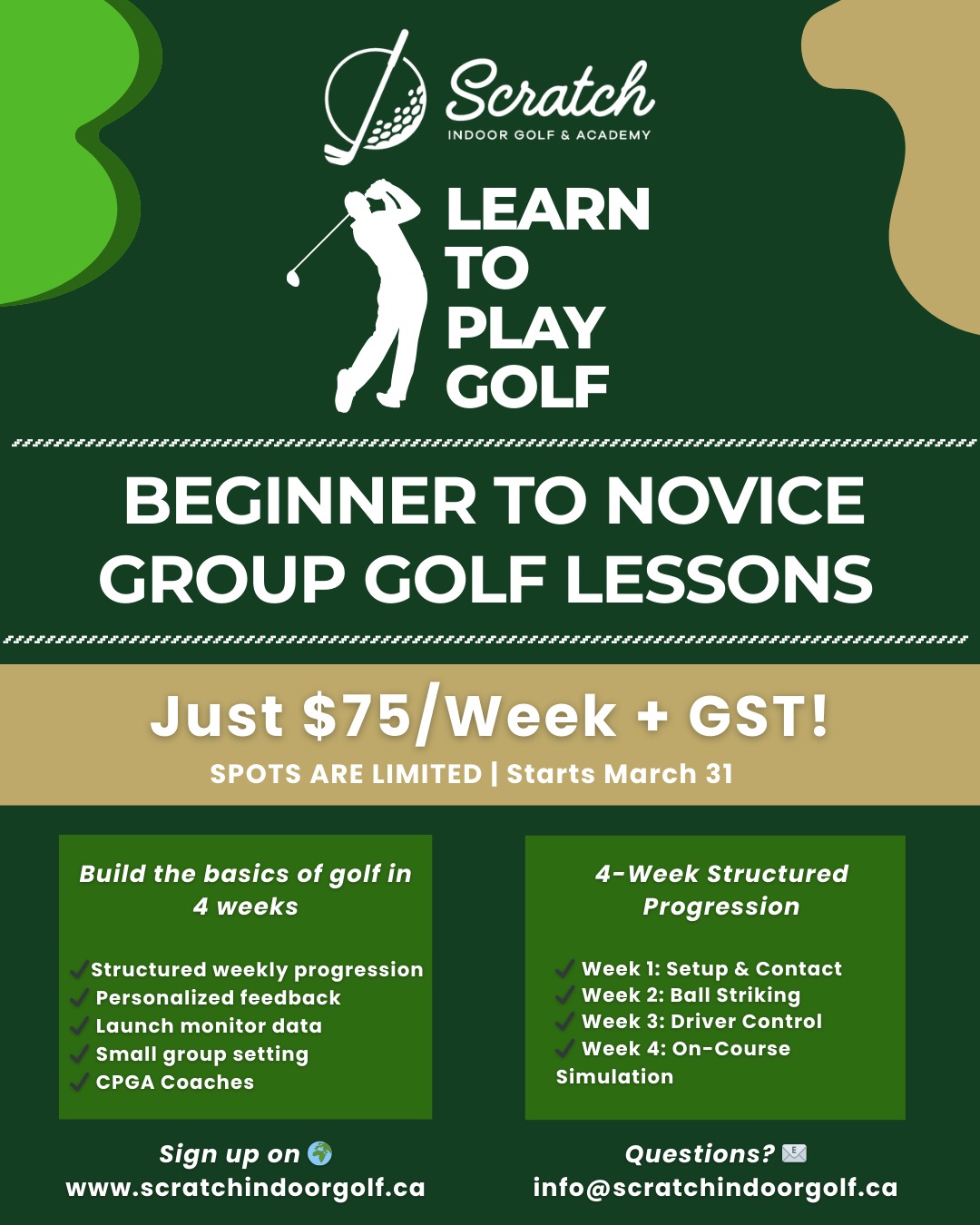 New to Golf? Start Here.
If you’re just getting into golf (or feel like you’re starting over), this is the perfect place to begin.
Our 4-Week Beginner Group Program is designed to build a strong foundation in a relaxed, supportive environment.
You’ll Learn:
✔ Proper grip, stance, and setup
✔ How to make solid contact
✔ Basic short game fundamentals
✔ Course management and Eqtiquette
No experience needed. No pressure. Just real progress.
Small Group Setting (Minimum 4 Players)
More attention. More feedback. More confidence.
Just $75 per week
($300 total for 4 weeks)
By the end of 4 weeks, you’ll understand your swing, make cleaner contact, and feel confident stepping onto the course.
Spots are limited — once 4 players are confirmed, the group is set.
Sign up link in Bio!