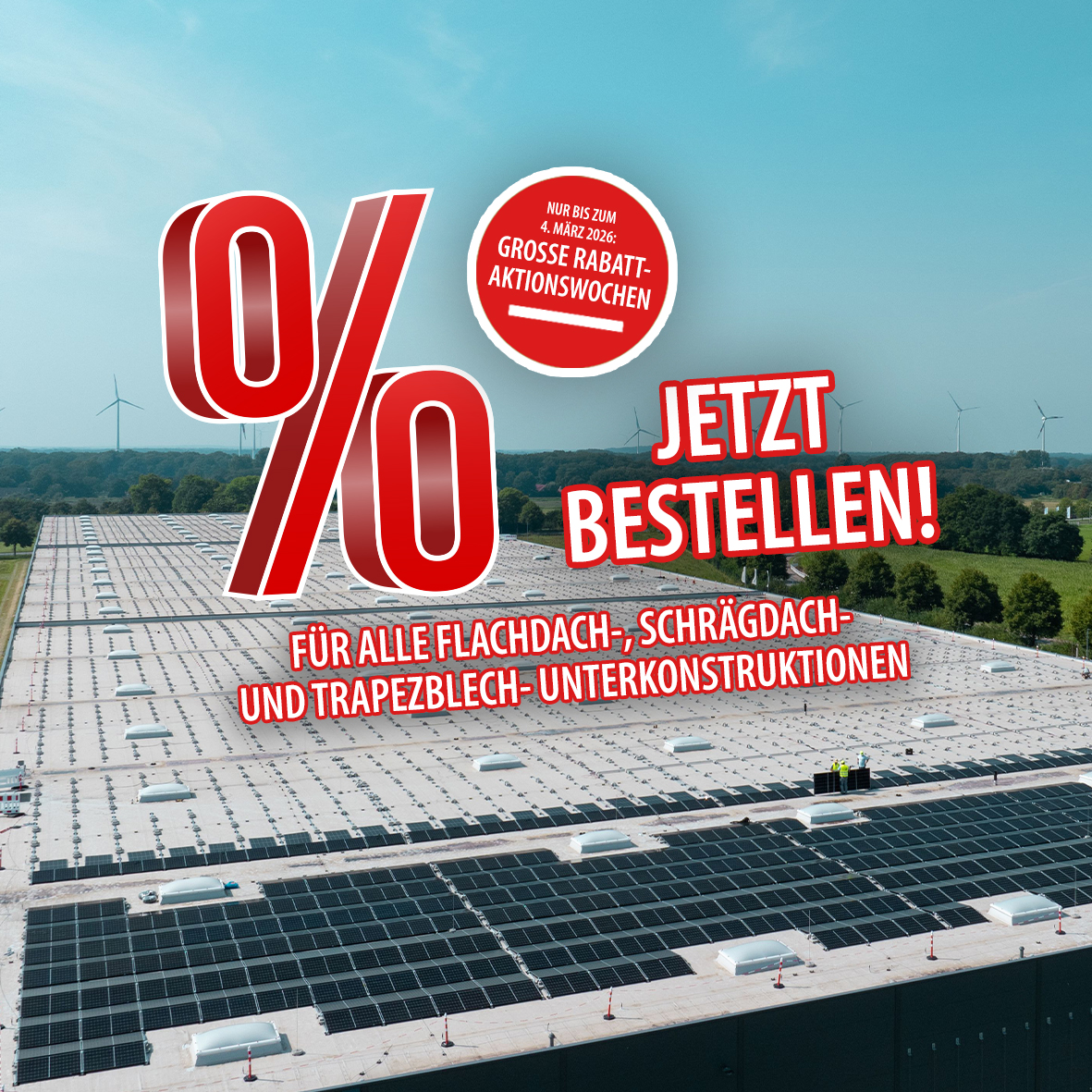 Große Rabatt-Aktionswochen bei B&K!
Nutzen Sie jetzt die Gelegenheit, Ihre Projekte noch attraktiver zu kalkulieren und gleichzeitig von Premium-Unterkonstruktionen zu profitieren, die sich durch eine einfache, effiziente Montage und langjährige Zuverlässigkeit auszeichnen.
📅 Aktionszeitraum:
Nur vom 4. Februar bis 4. März 2026
📉 Ihr Vorteil:
Kalkulieren Sie PV-Projekte jetzt noch attraktiver!
🧰 Gilt für:
• Flachdach-Montagesysteme
(IROC®S3 / IROC®OW3 / IROC®DP)
• Schrägdach-Montagesysteme
(IROC®SR)
• Trapezblech-Montagesysteme
(IROC®TR3)
Wir freuen uns auf Ihre Anfrage. Ihr persönlicher Vertriebspartner hilft Ihnen gerne weiter.
#rabatt #pvmontagesysteme #pvunterkonstruktion #solarmountingsystem #photovoltaik #photovoltaic #renewableenergy #bksolarezukunft #bksolarsystem #rabattaktion